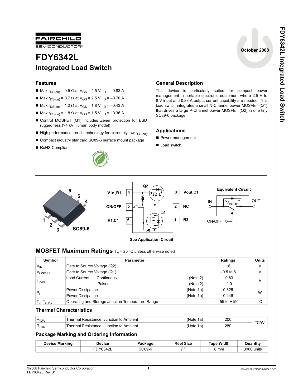 Fairchild FDY6342L Integrated Load Switch Data Manual - Page 1