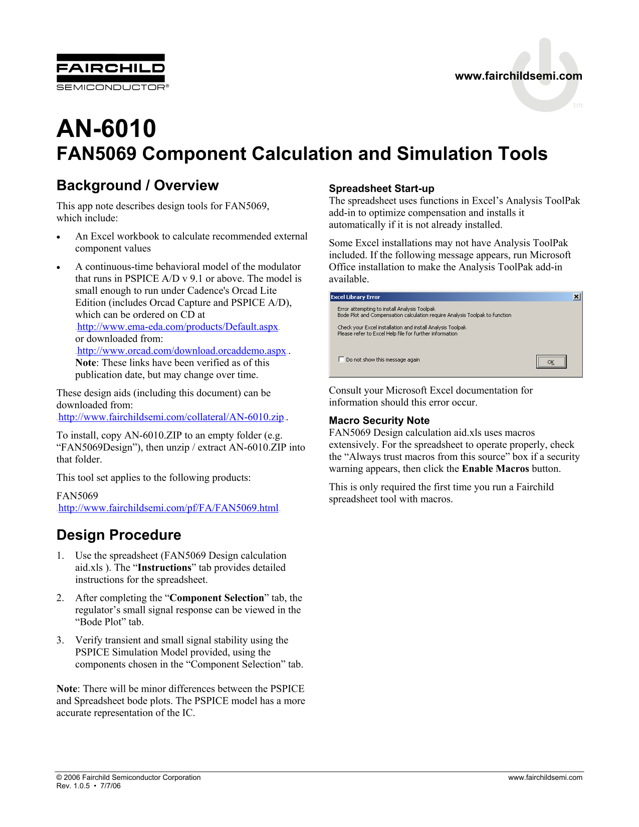 Fairchild Fan5069 Component Calculation & Simulation Tools Data Sheet - Page 1