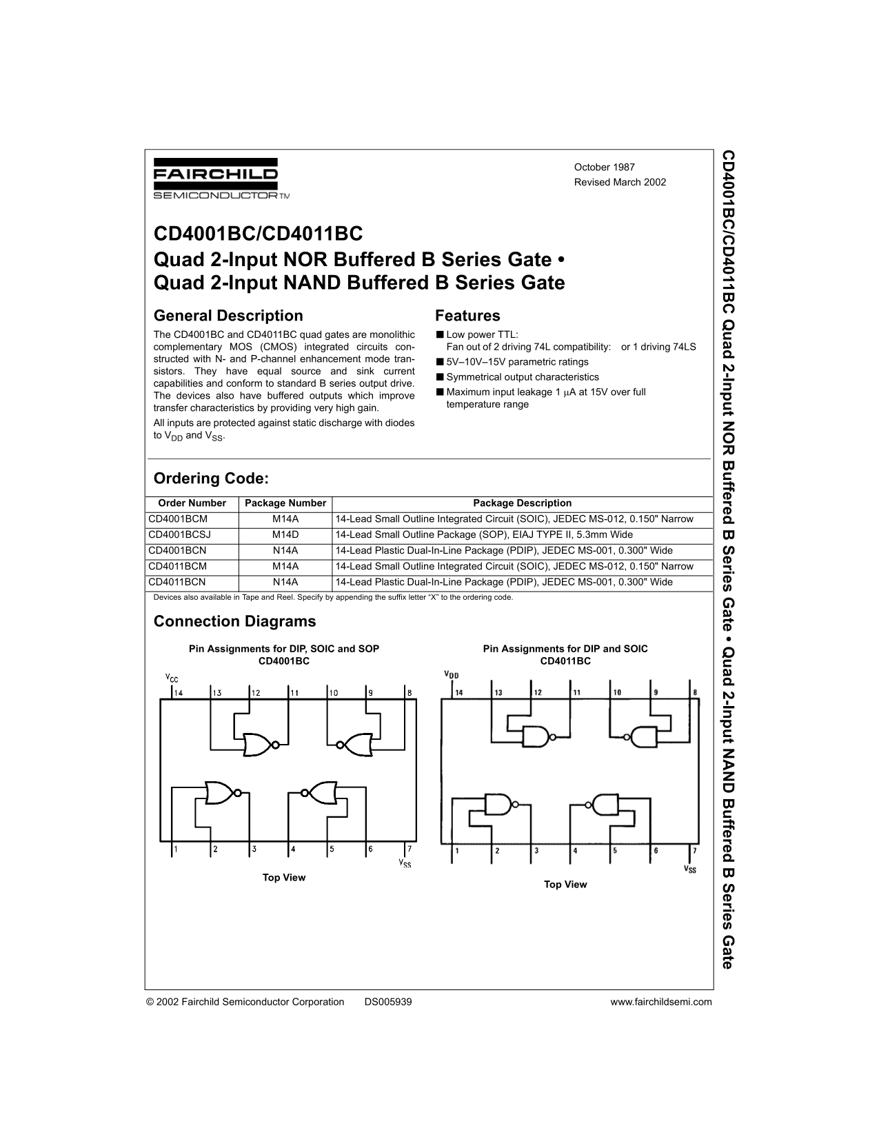 Fairchild CD4001BC CD4011BC Quad 2-Input NOR Buffered B Series Gate, Quad 2-Input NAND Buffered B Series Gate - Data Manual - Page 1