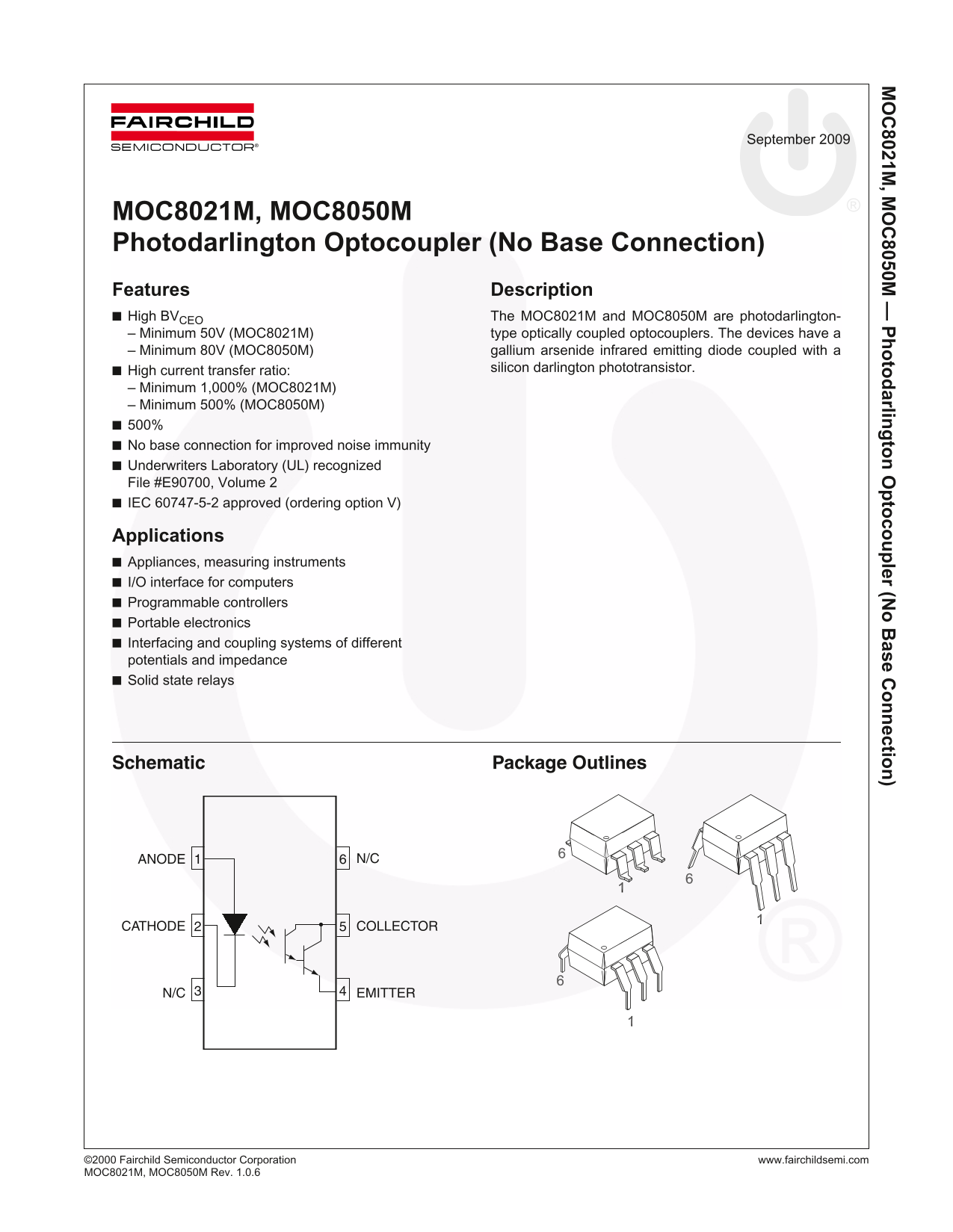 Fairchild MOC8021M, MOC8050M Photodarlington Optocoupler (No Base Connection) Data Sheet - Page 1