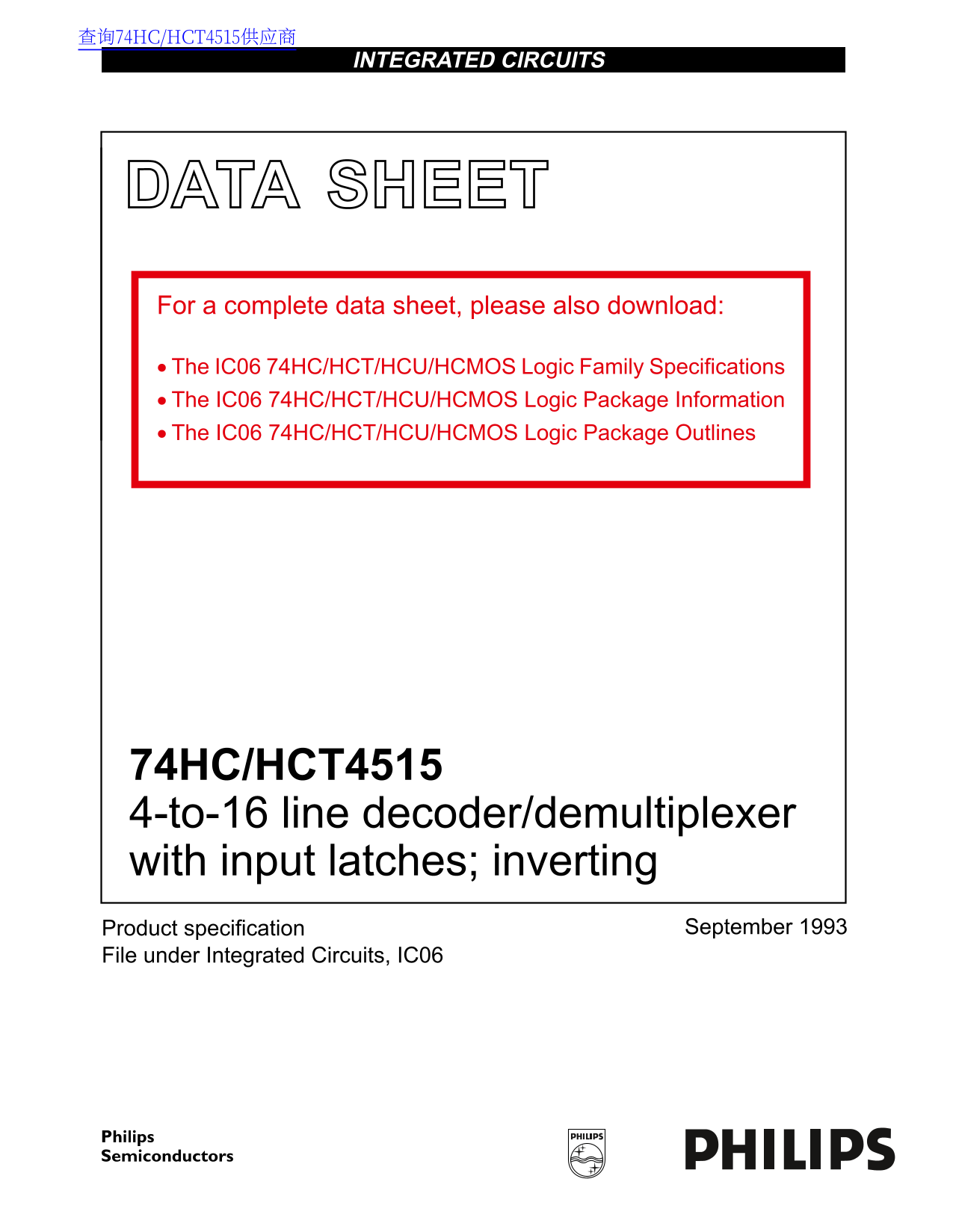 PHILIPS 74HC HCT4515 4-to-16 Line Decoder Demultiplexer with Input Latches; Inverting Data Manual - Page 1