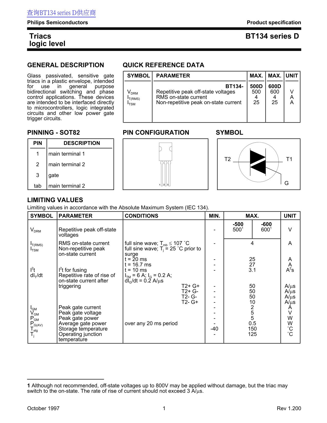 PHILIPS BT134 series D Data Manual - Page 1