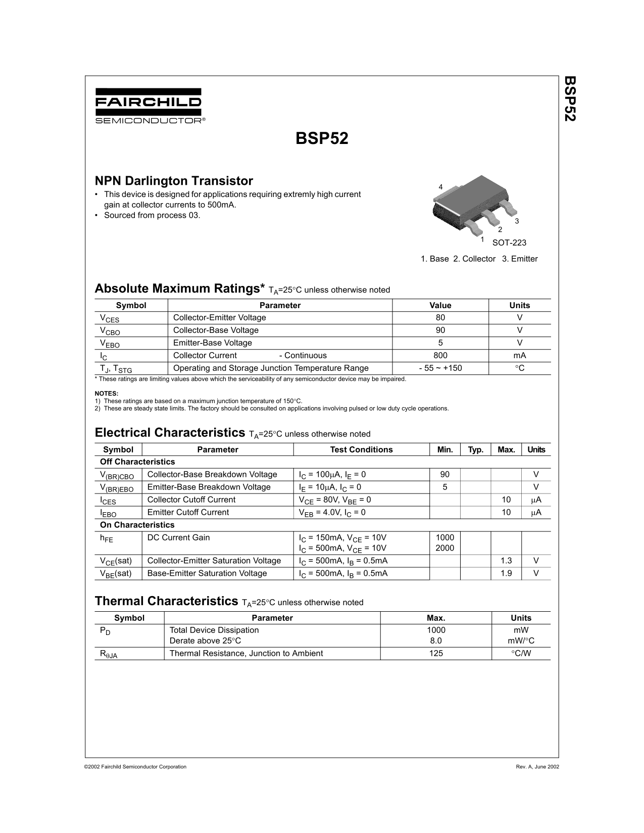 Fairchild BSP52 NPN Darlington Transistor User's Guide - Page 1