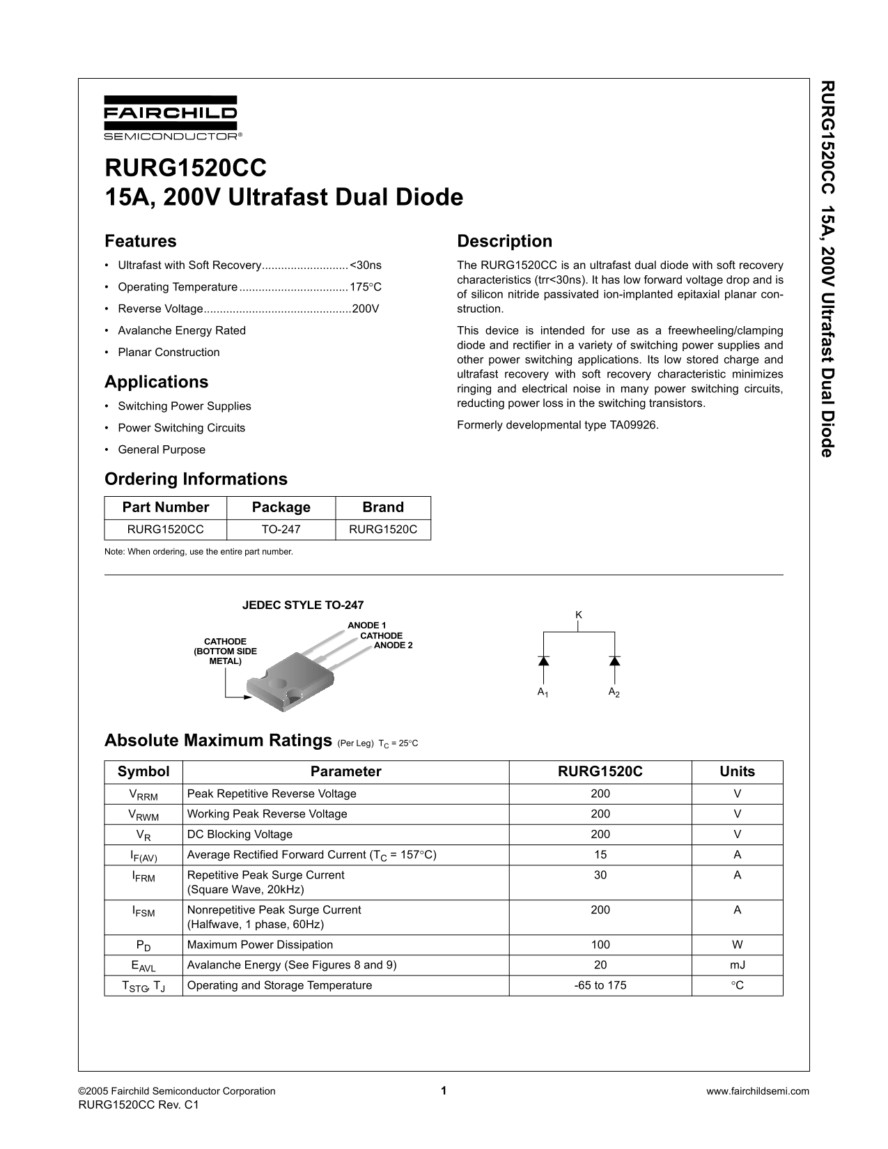 Fairchild RURG1520CC 15A, 200V Ultrafast Dual Diode Data Manual - Page 1