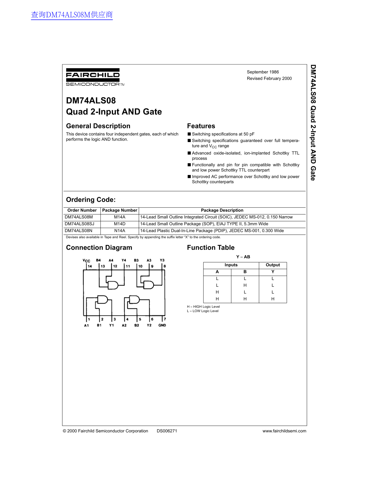 Fairchild DM74ALS08 Quad 2-Input AND Gate Data Manual - Page 1