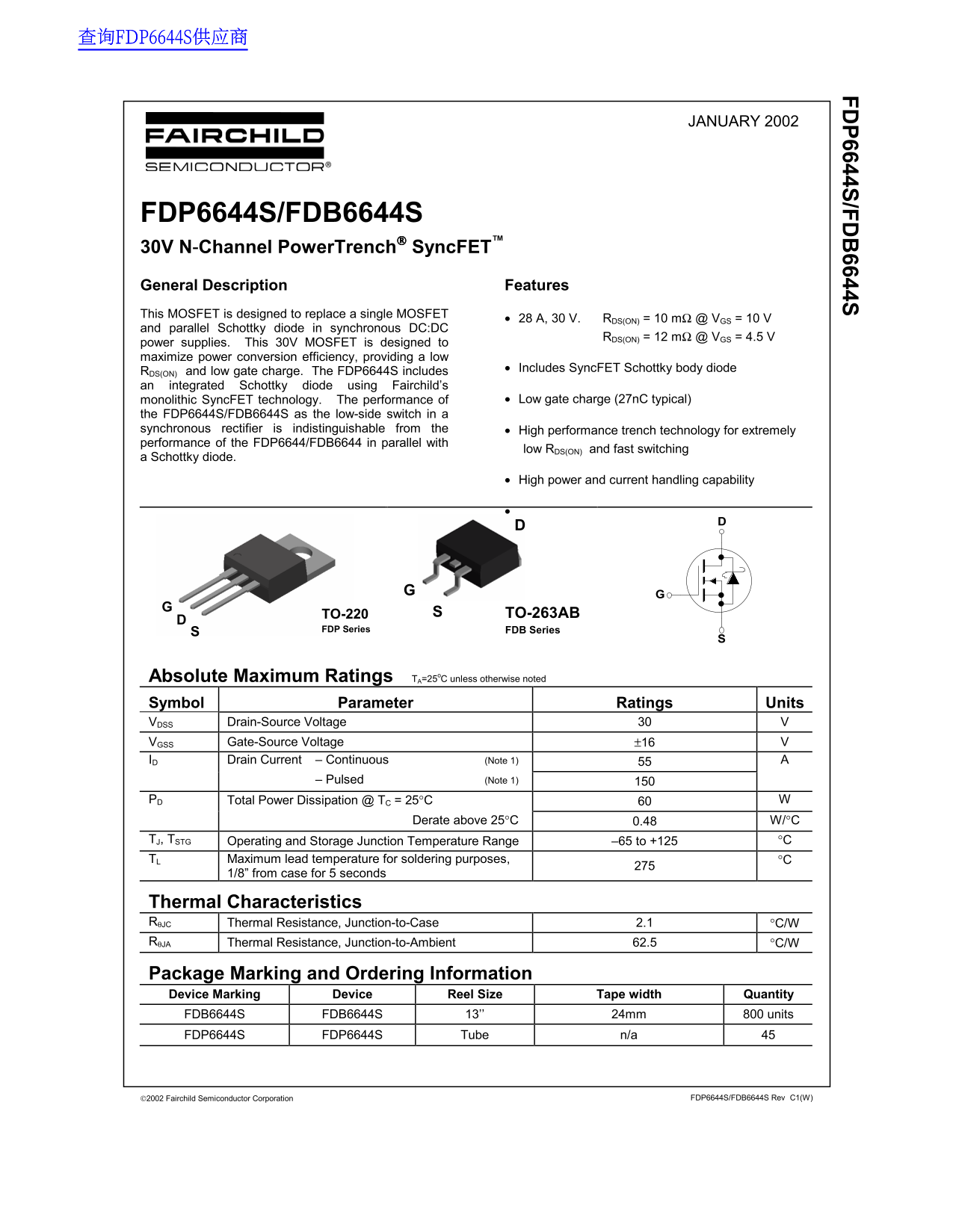 Fairchild FDP6644S FDB6644S Data Sheet - Page 1