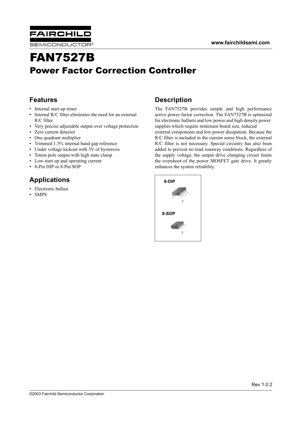 Fairchild Fan7527B Power Factor Correction Controller Data Manual - Page 1