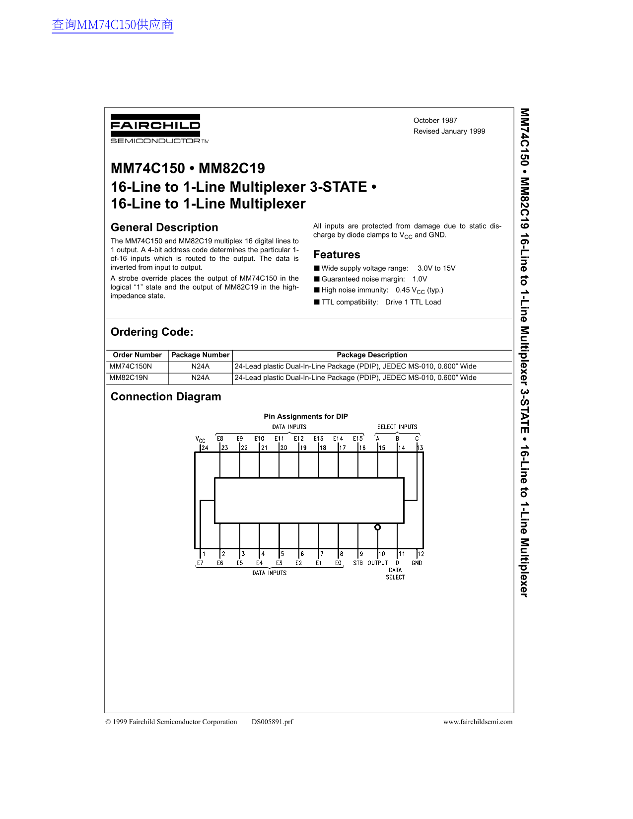 Fairchild MM74C150 • MM82C19 16-Line to 1-Line Multiplexer 3-STATE • 16-Line to 1-Line Multiplexer Data Handbook - Page 1