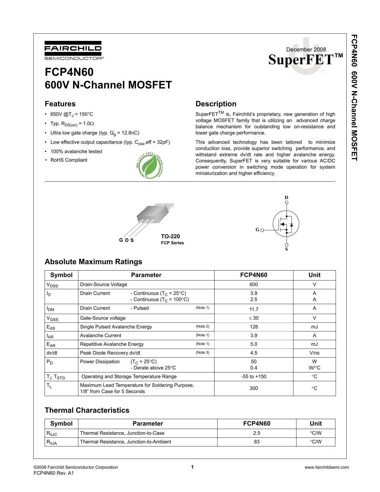 Fairchild FCP4N60 User Manual - Page 1