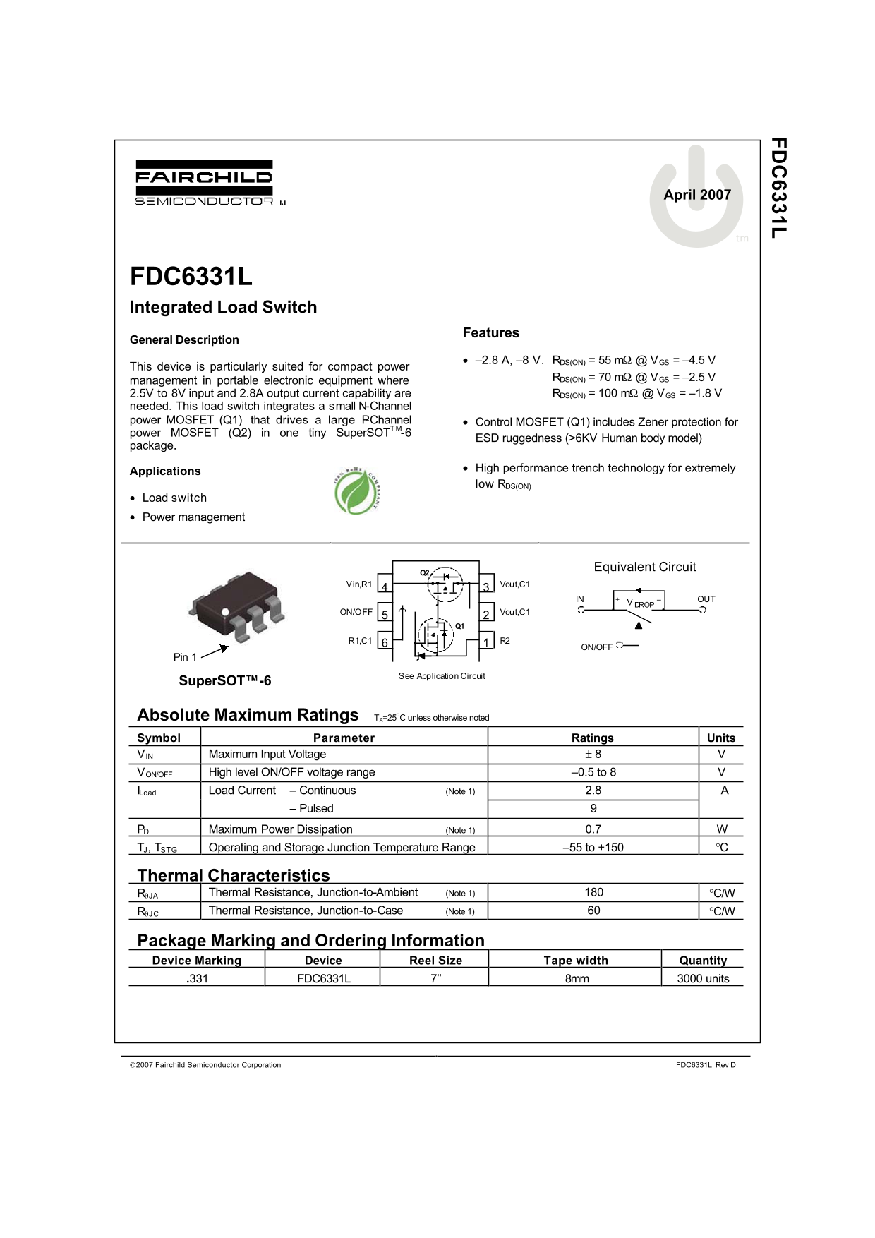 Fairchild FDC6331L Integrated Load Switch Data Manual - Page 1