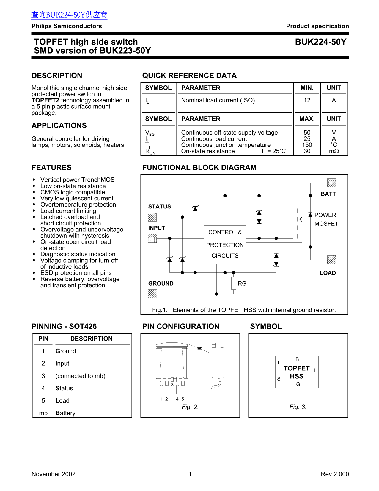Philips TopFET High Side Switch BUK224-50Y Data Sheet User Manual - Page 1
