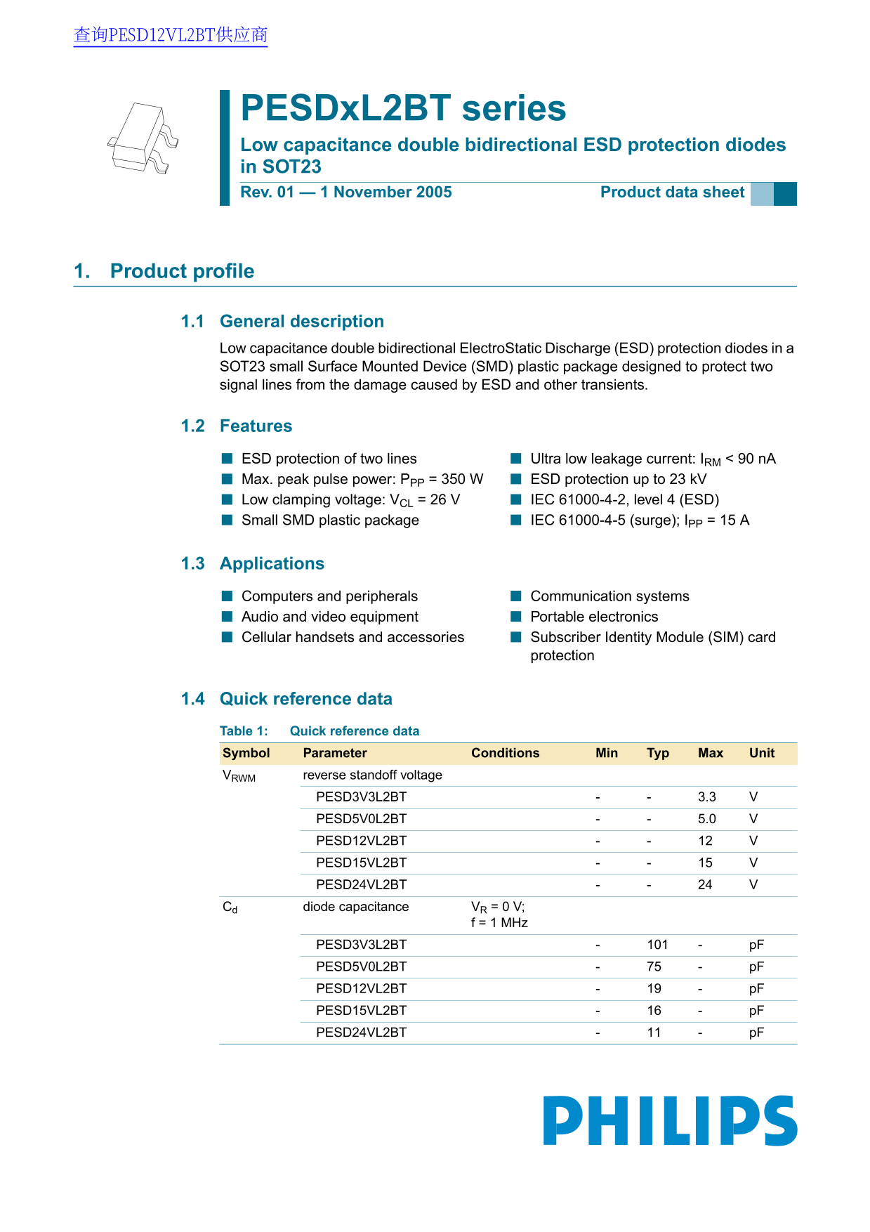 Philips PESDxL2BT Series Low Capacitance Double Bidirectional ESD Protection Diodes in SOT23 Data Sheet User Manual - Page 1
