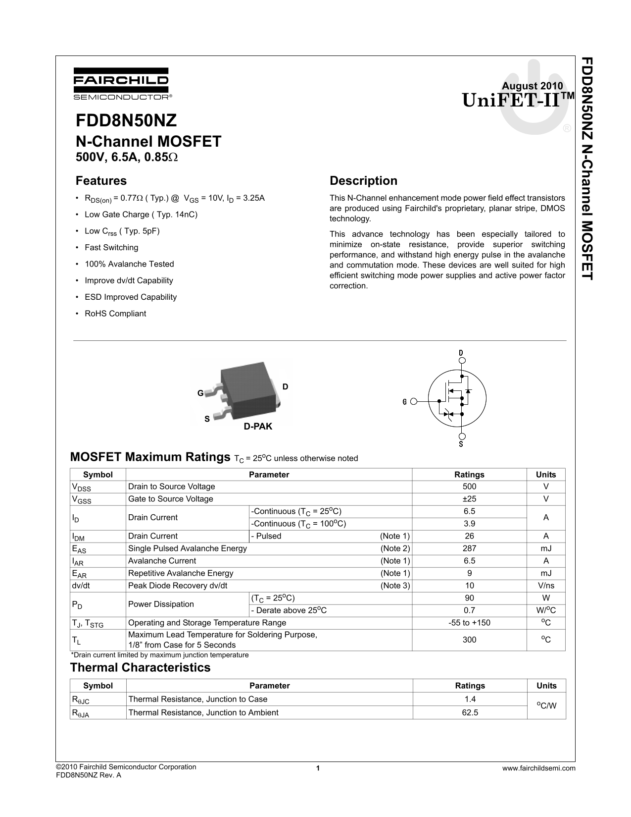 Fairchild FDD8N50NZ Product Specification Sheet - Page 1