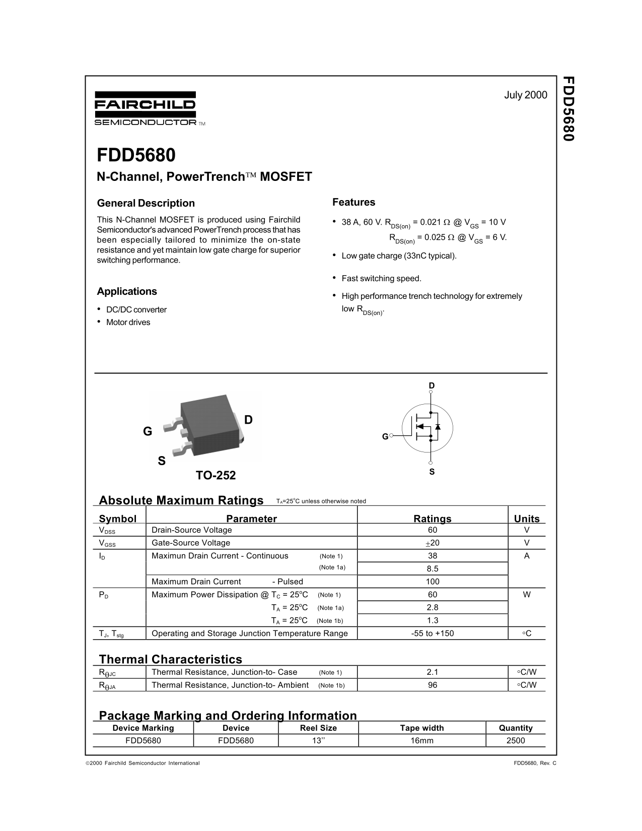 Fairchild FDD5680 N-Channel, PowerTrench MOSFET Data Handbook - Page 1