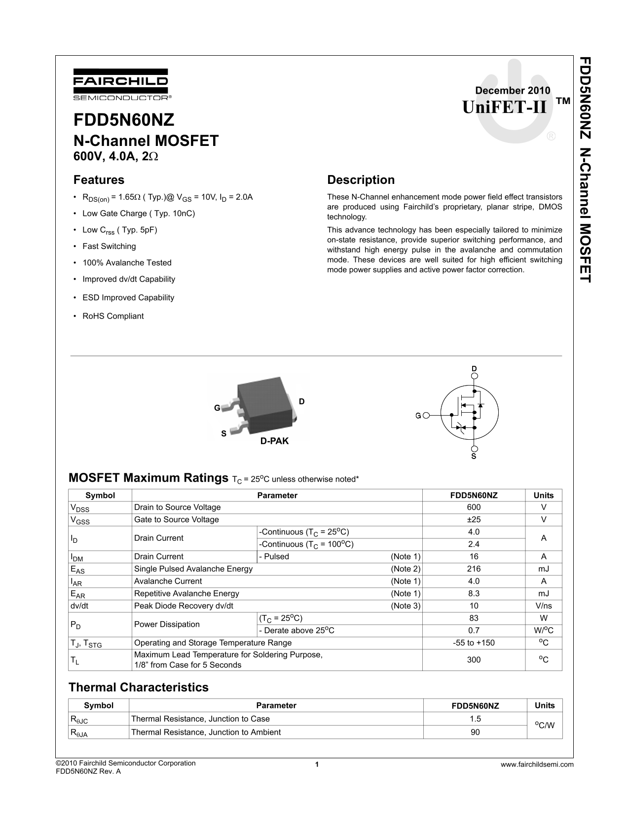 Fairchild FDD5N60NZ N-Channel MOSFET Data Handbook - Page 1