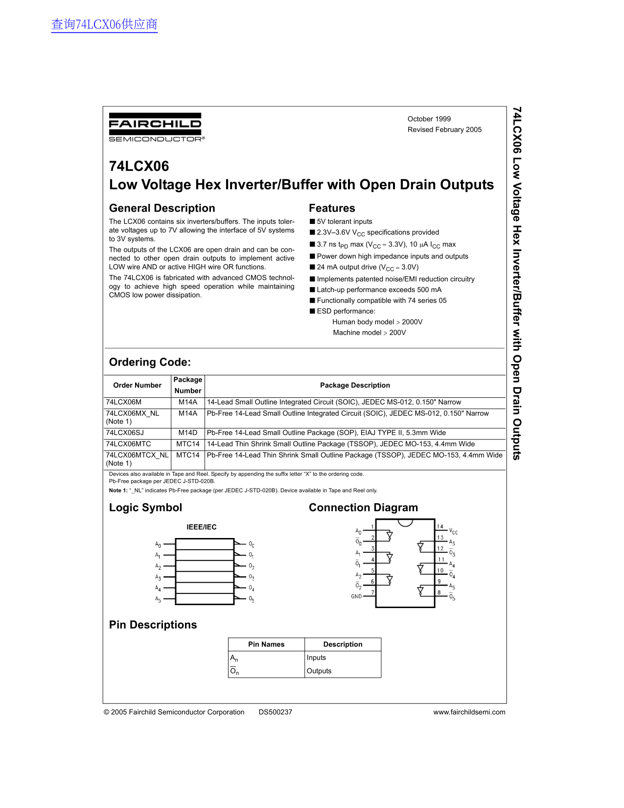 Fairchild 74LCX06 Low Voltage Hex Inverter Buffer with Open Drain Outputs Data Manual - Page 1