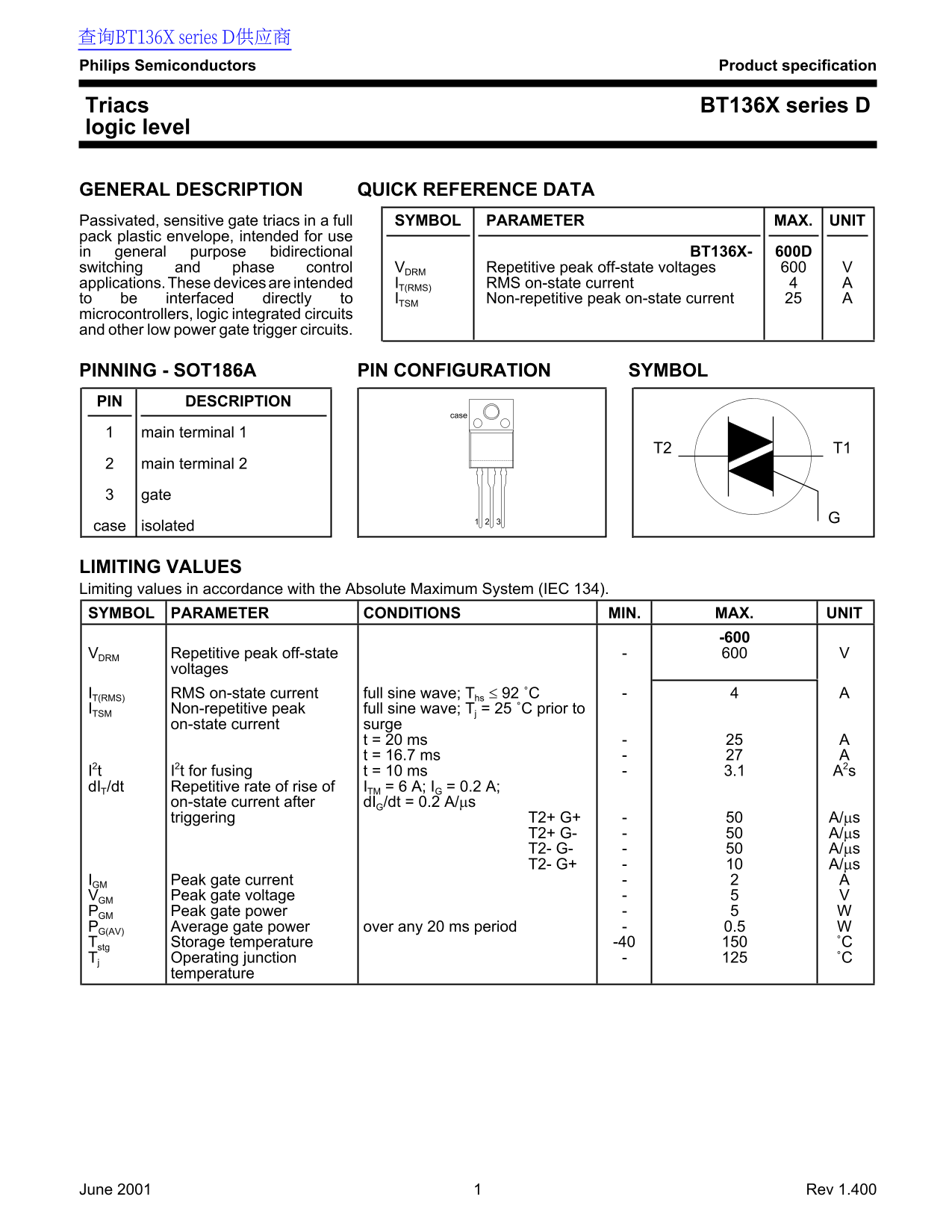 Philips Semiconductors BT136X series Data Sheet - Page 1
