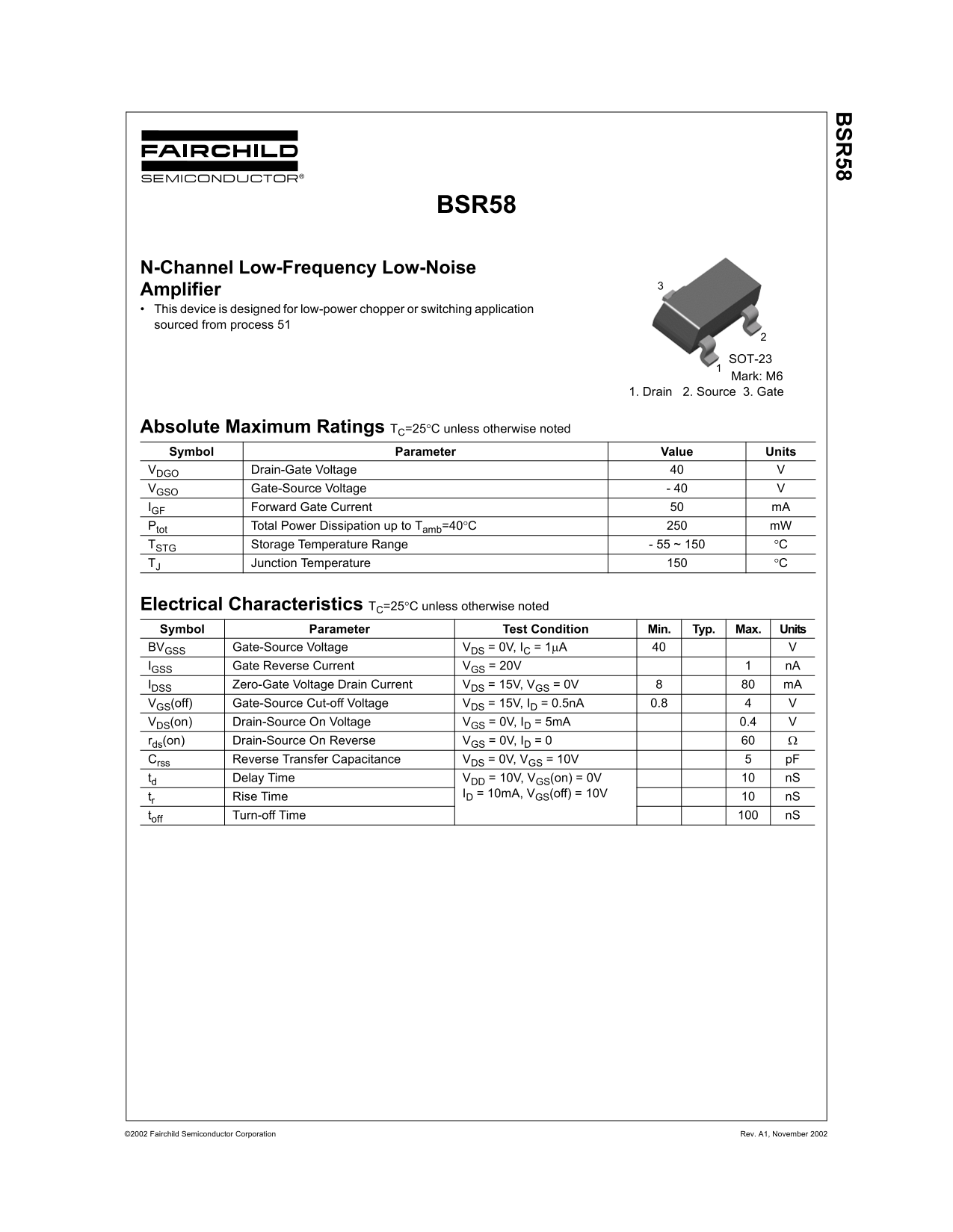 Fairchild BSR58 N-Channel Low-Frequency Low-Noise Amplifier Data Sheet - Page 1