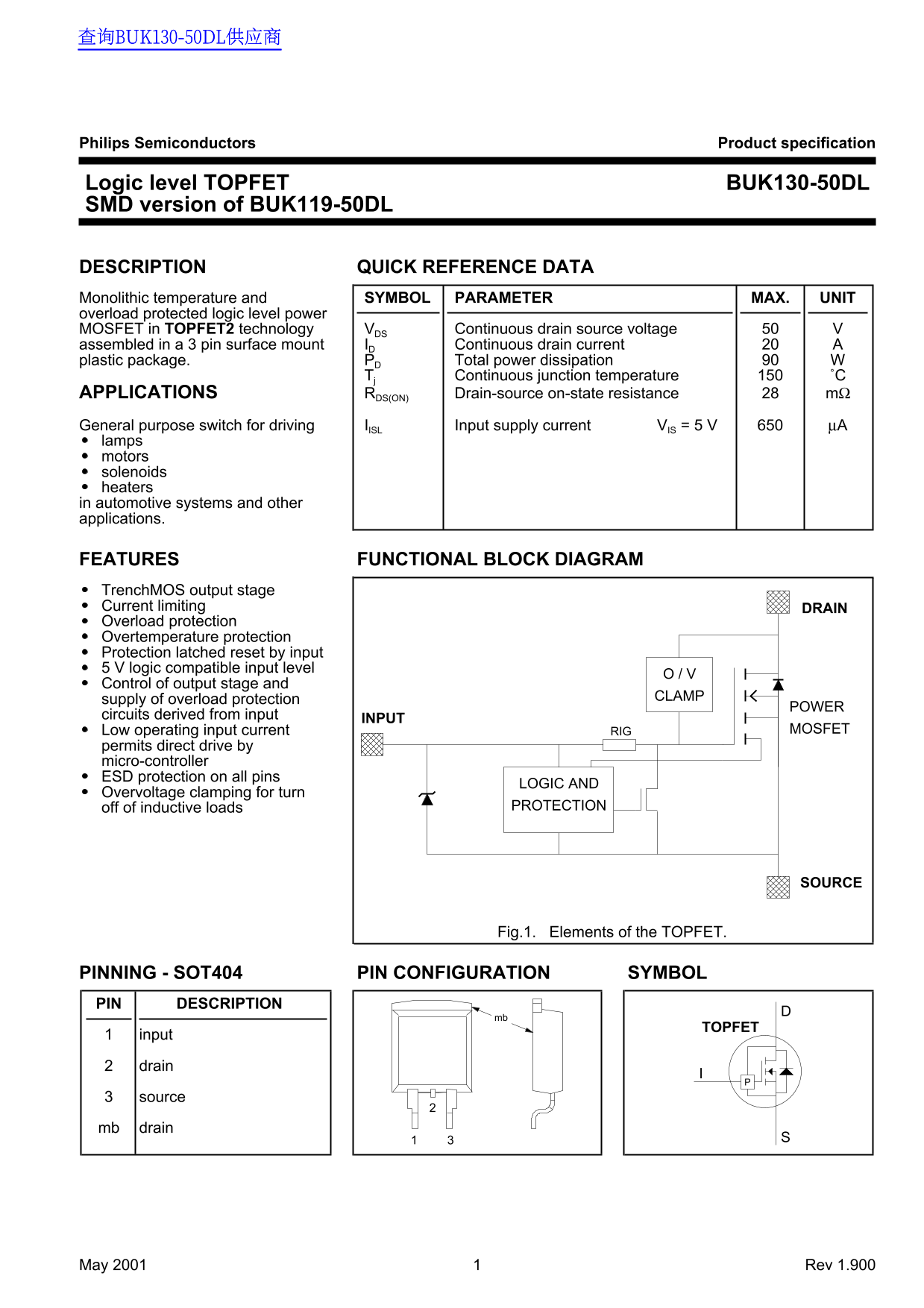 PHILIPS Buk130-50DL Data Sheet User Manual - Page 1