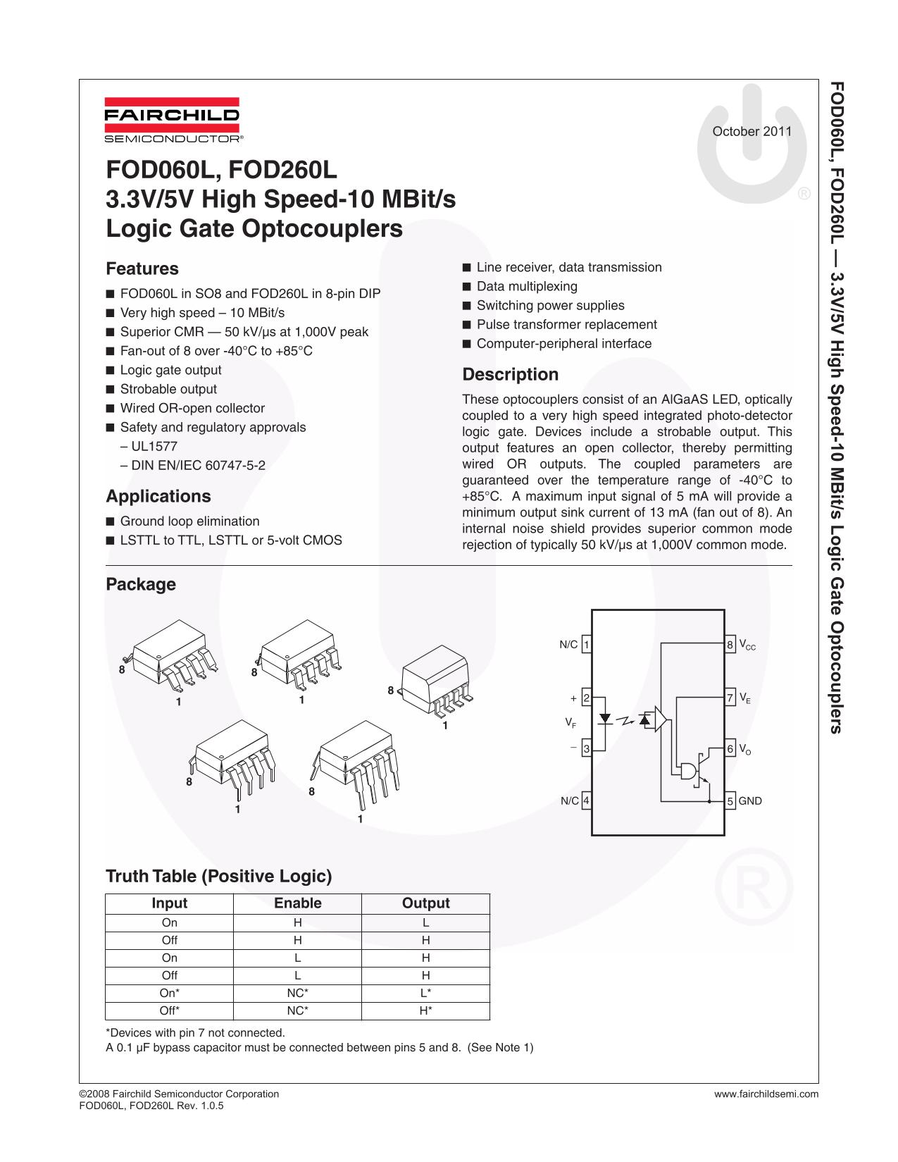 Fairchild FOD060L, FOD260L 3.3V 5V High-Speed Logic Gate Optocouplers Data Sheet - Page 1