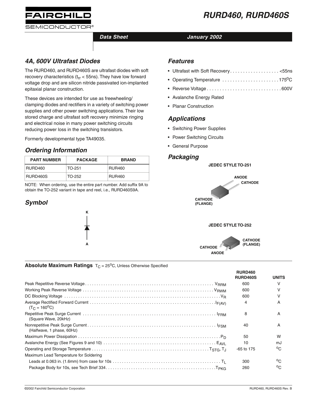 Fairchild RURD460, RURD460S 4A, 600V Ultrafast Diodes Data Manual - Page 1