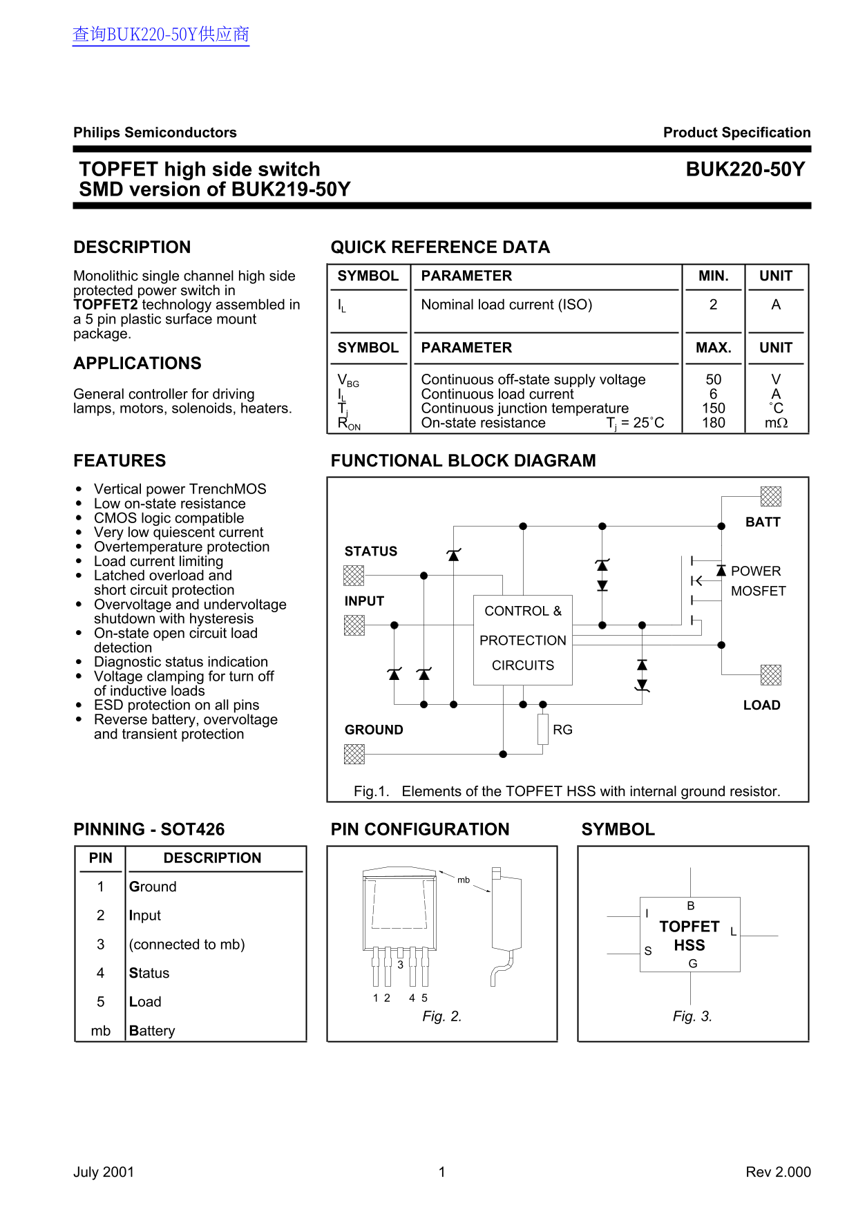 PHILIPS TOPFET High Side Switch BUK220-50Y SMD Version of BUK219-50Y - Page 1