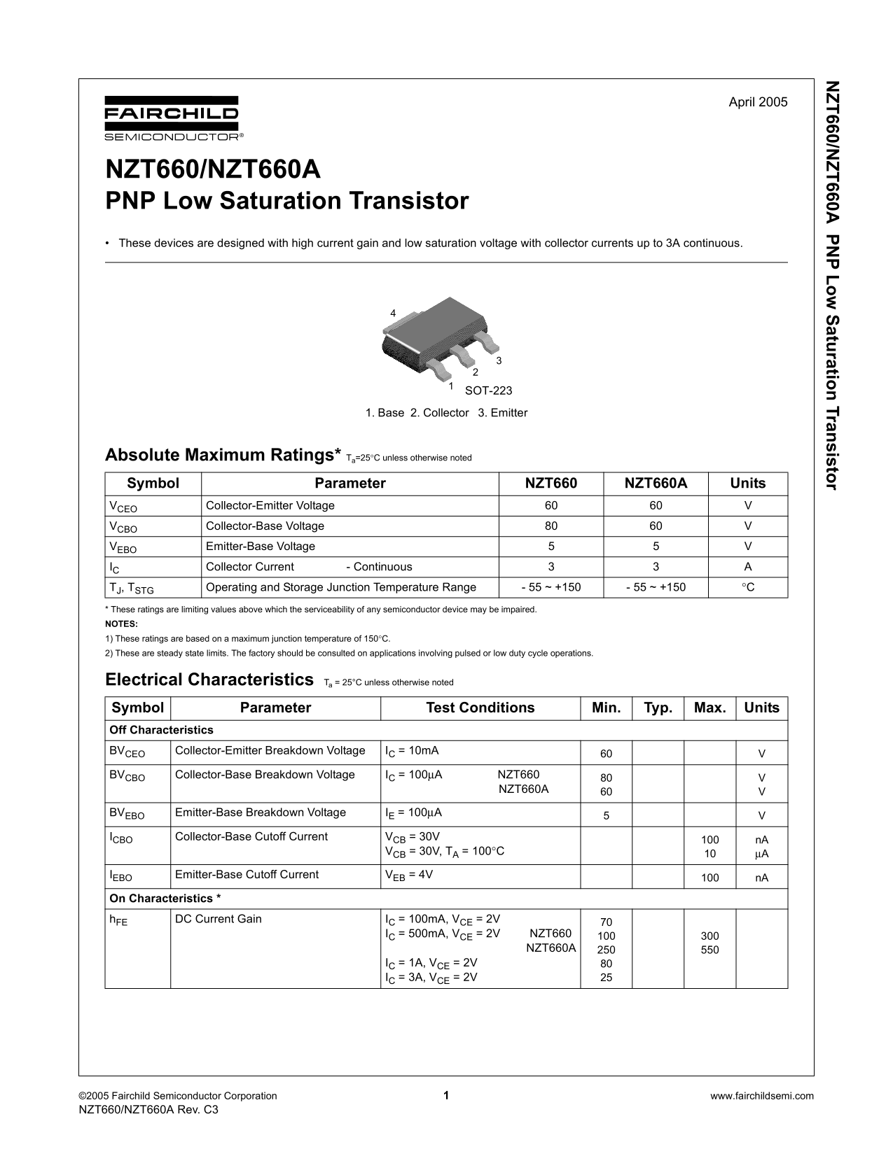 Fairchild NZT660 NZT660A PNP Low Saturation Transistor Data Handbook - Page 1