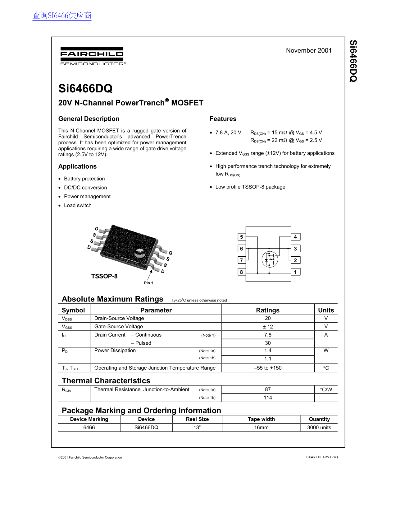 Fairchild Si6466DQ Data Sheet - Page 1