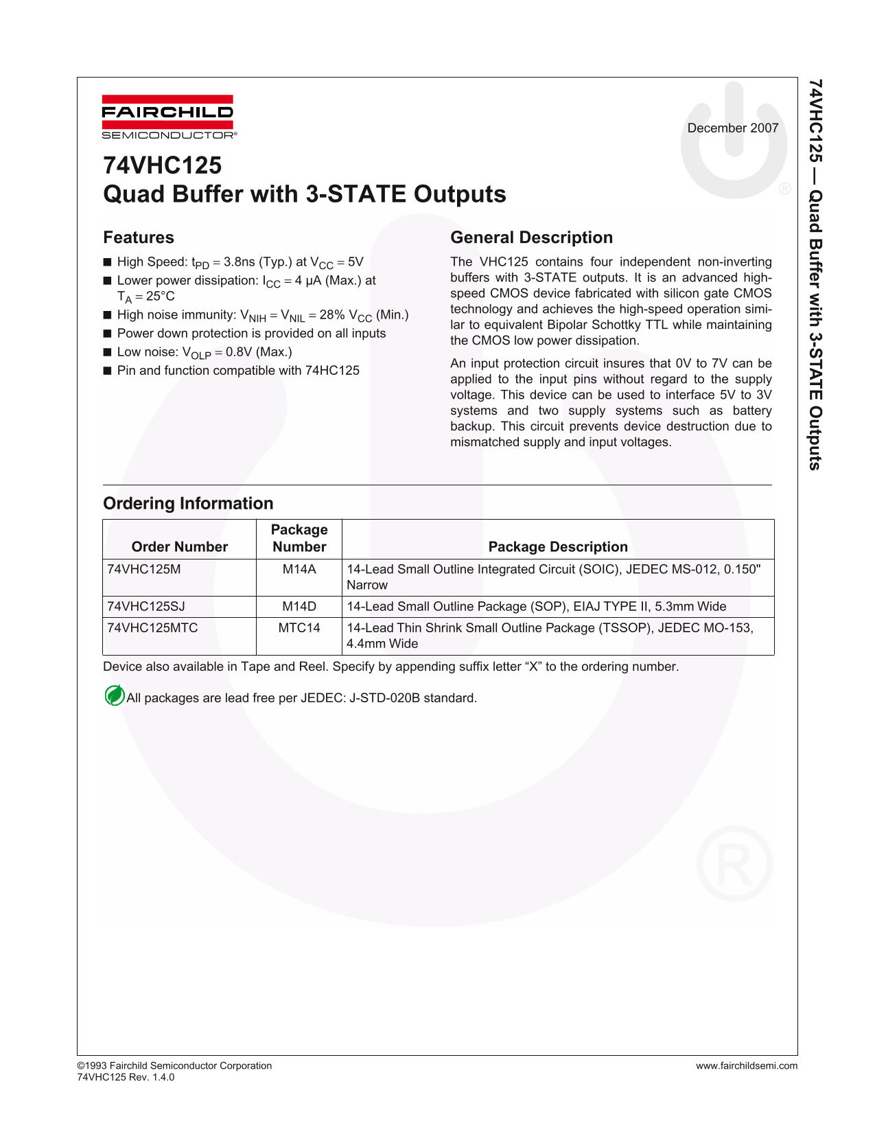 Fairchild 74VHC125 Quad Buffer with 3-STATE Outputs Data Handbook - Page 1