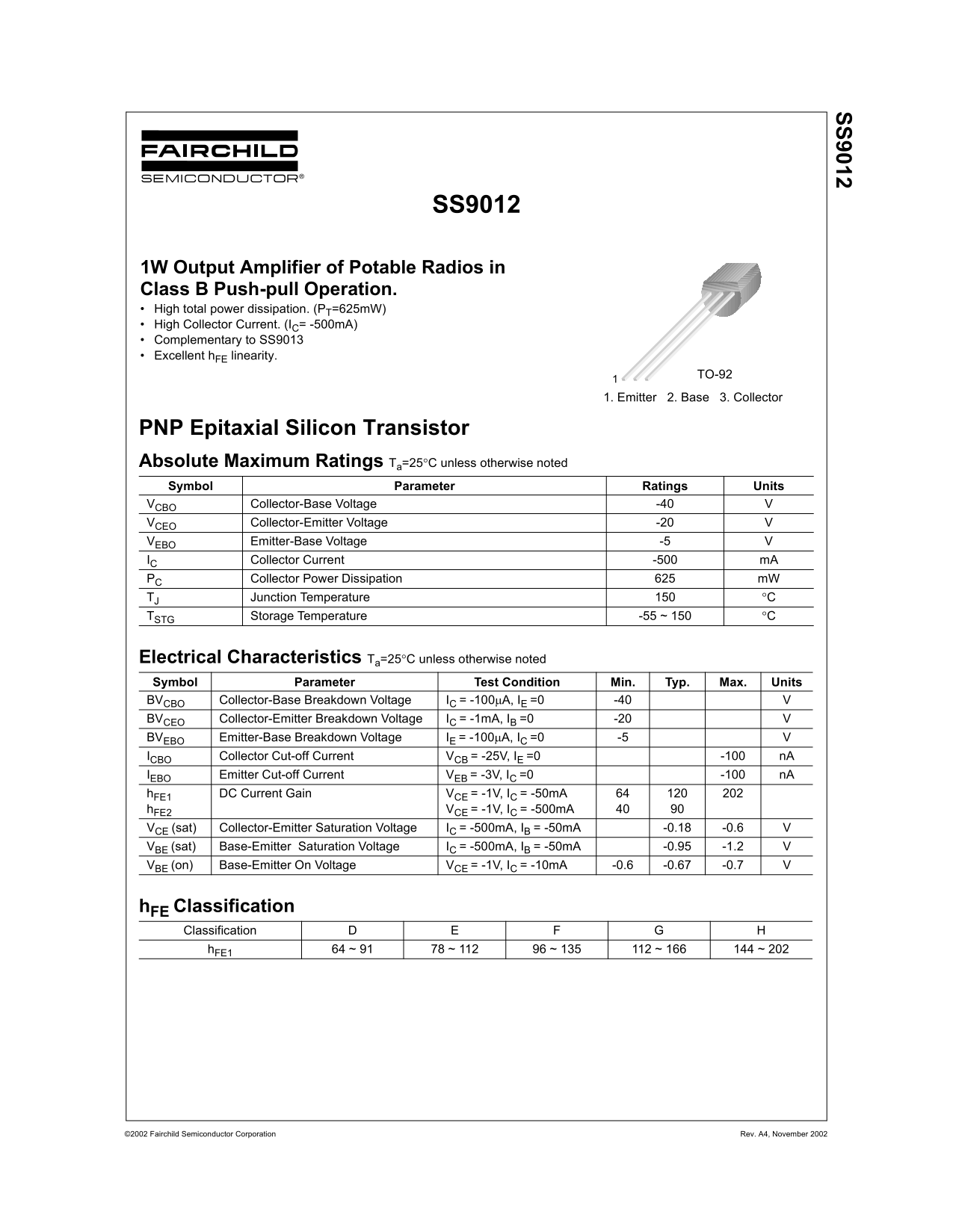 Fairchild SS9012 PNP Epitaxial Silicon Transistor Data Sheet - Page 1