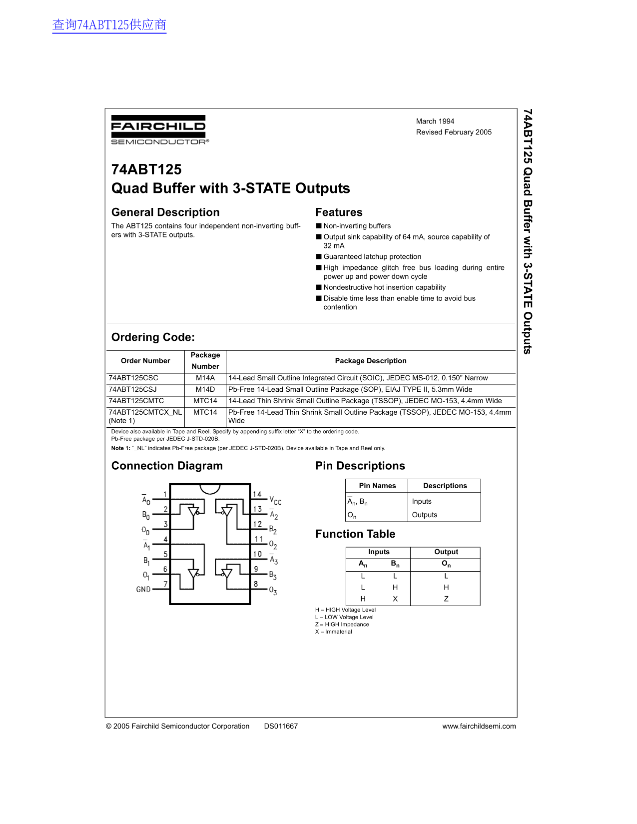 Fairchild Semiconductor 74ABT125 Quad Buffer with 3-STATE Outputs Data Manual - Page 1