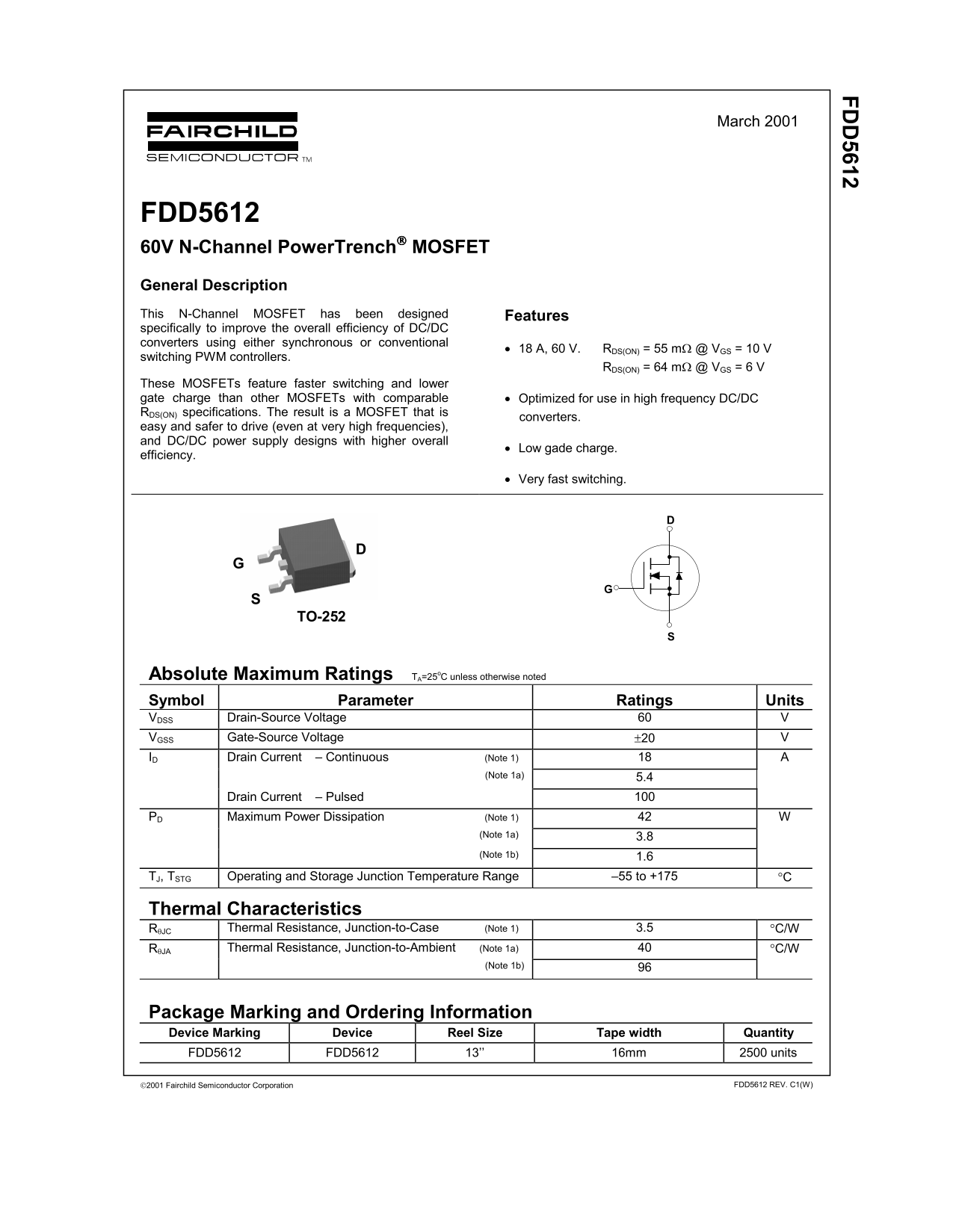 Fairchild FDD5612 60V N-Channel PowerTrench MOSFET Data Sheet - Page 1