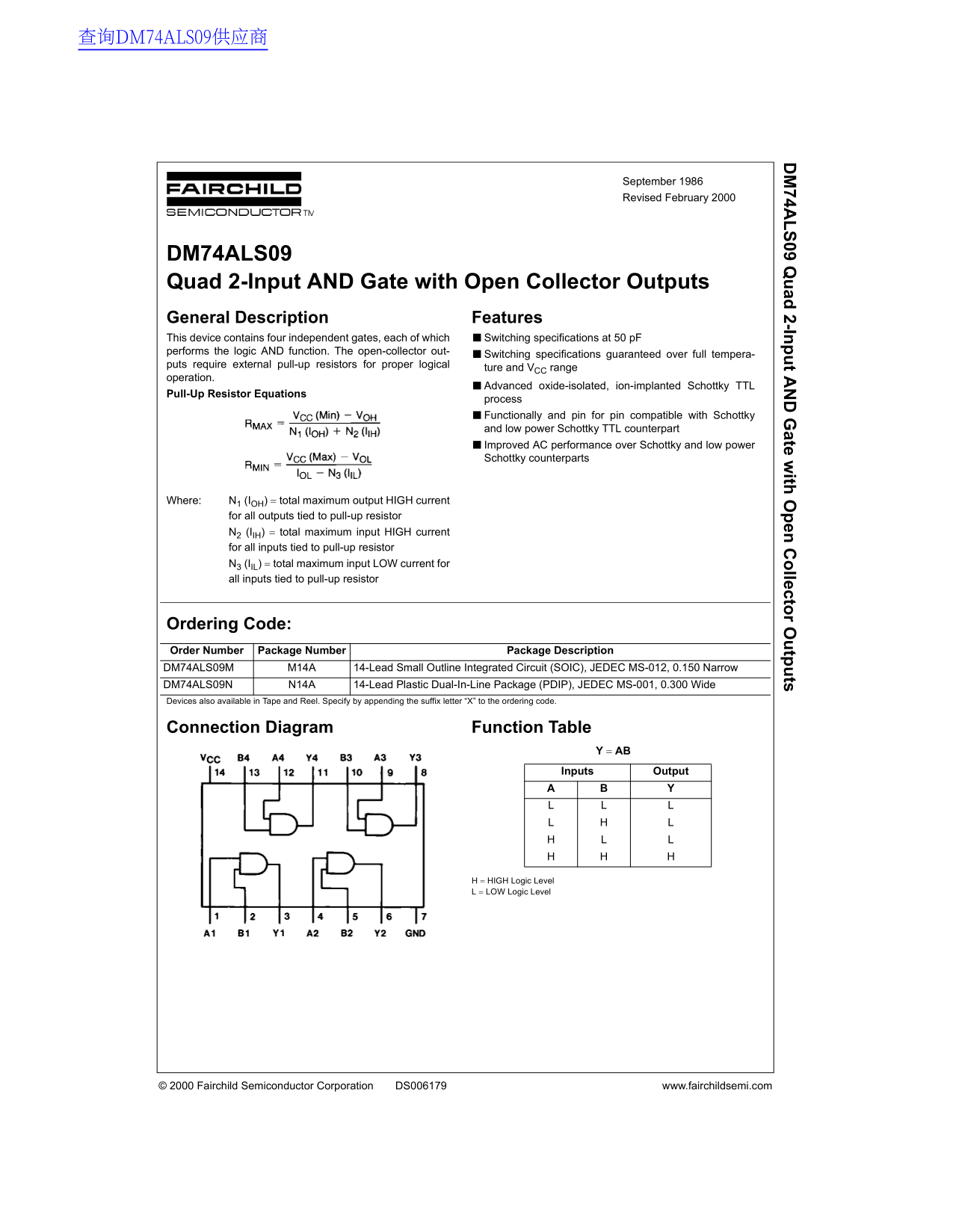 Fairchild DM74ALS09 Quad 2-Input AND Gate with Open Collector Outputs Data Manual - Page 1