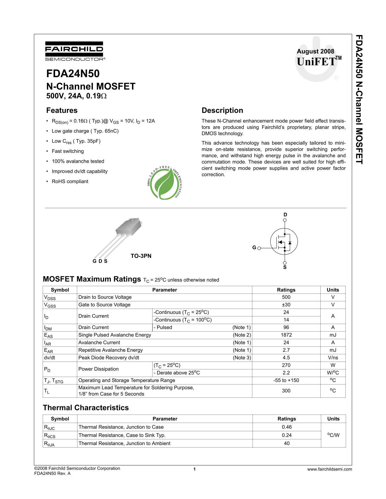 Fairchild FDA24N50 Technical Data Sheet - Page 1