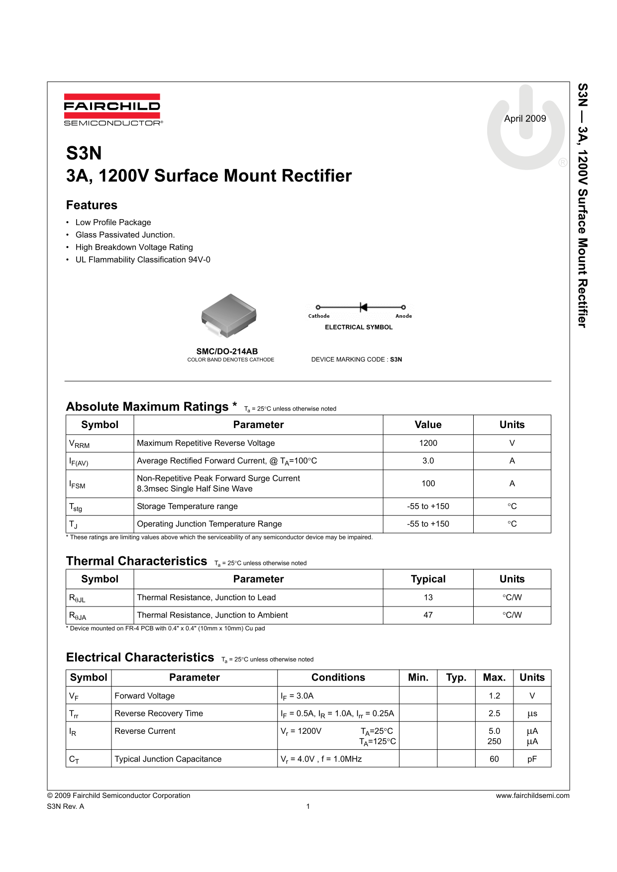 Fairchild S3N 3A, 1200V Surface Mount Rectifier Data Manual - Page 1