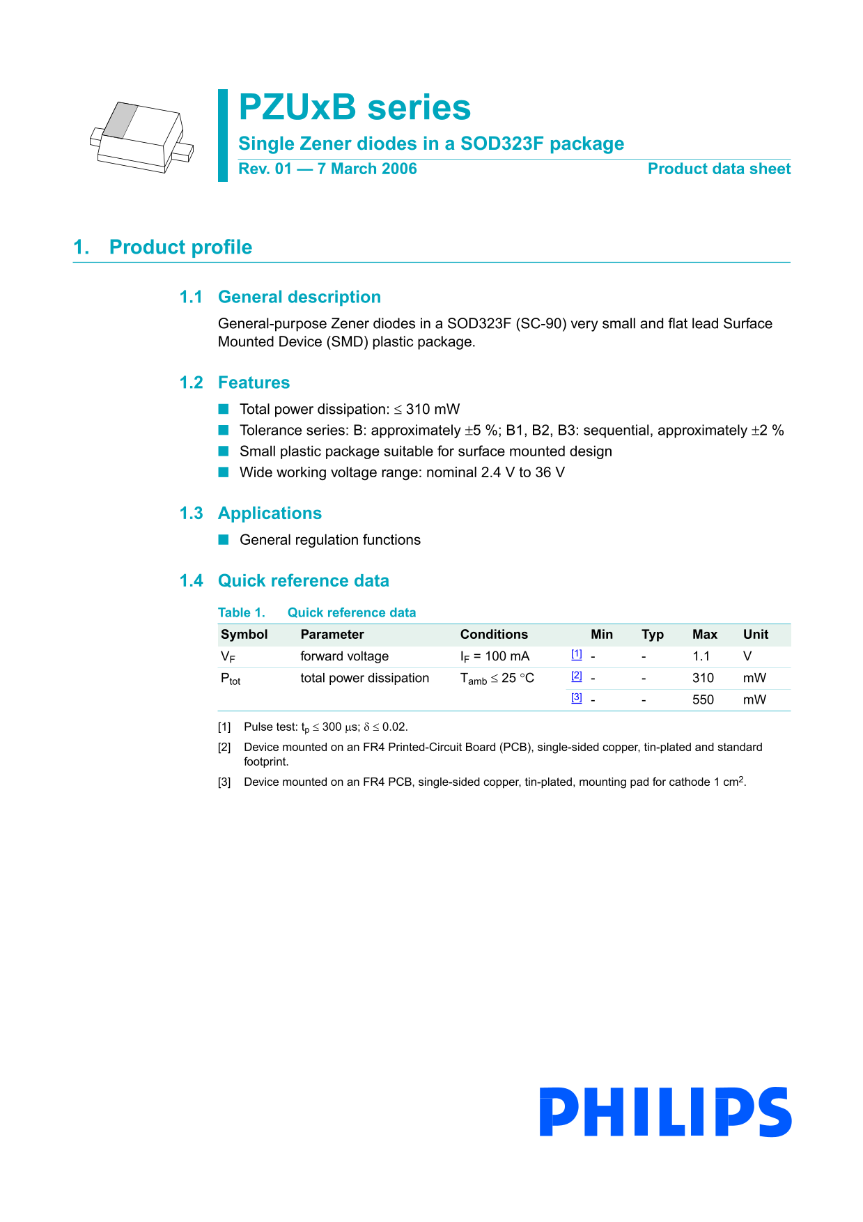 PHILIPS PZUxB series Single Zener diodes in a SOD323F package Rev. 01  — 7 March 2006 Product data sheet - Page 1