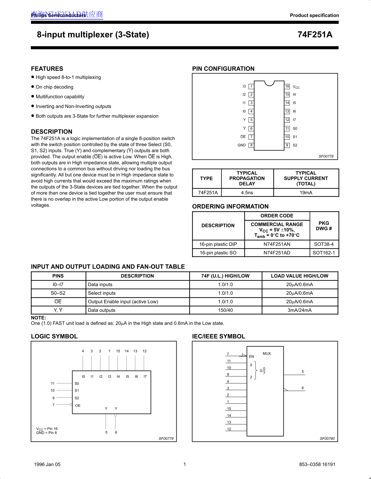 Philips Semiconductors 8-input Multiplexer (3-State) 74F251A Owner's Manual - Page 1