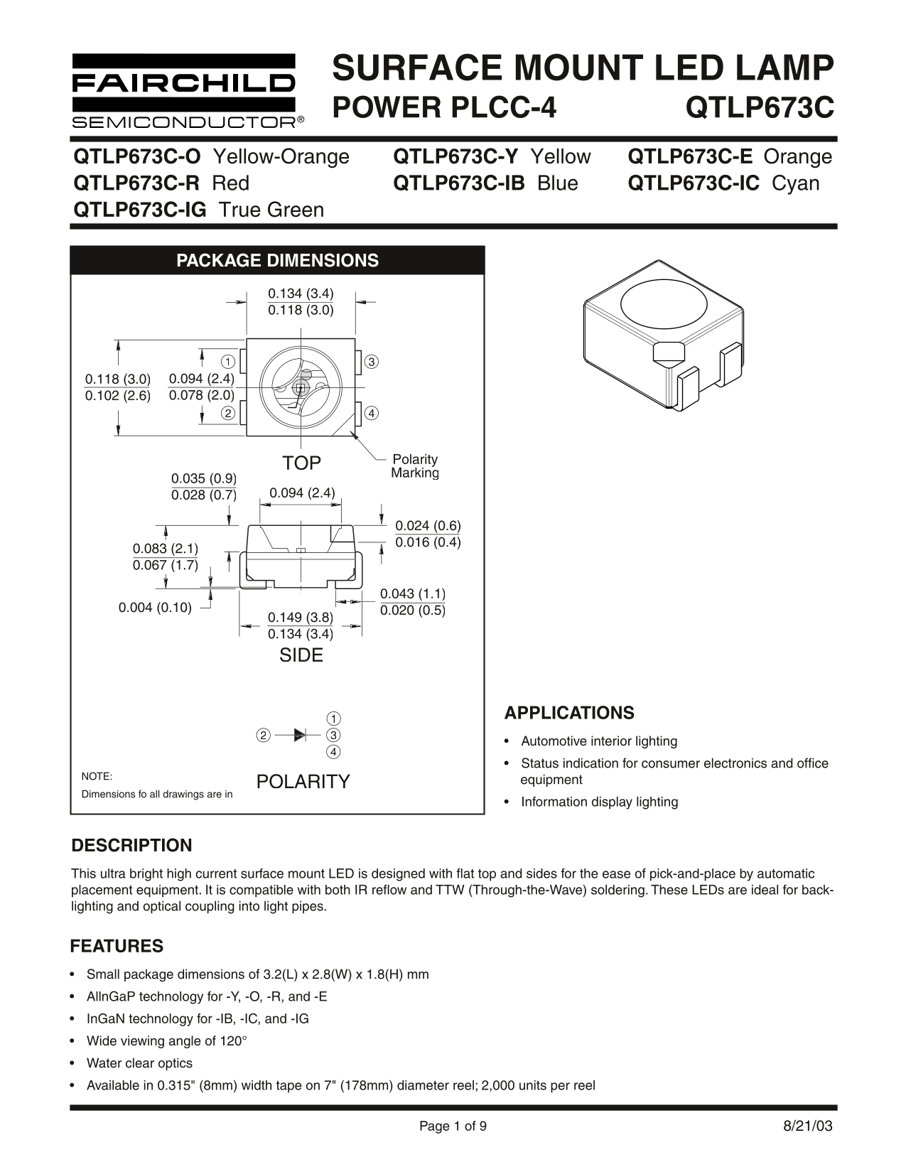 Fairchild Surface Mount LED Lamp Power PLCC-4 Q TLPL673C Data Sheet - Page 1