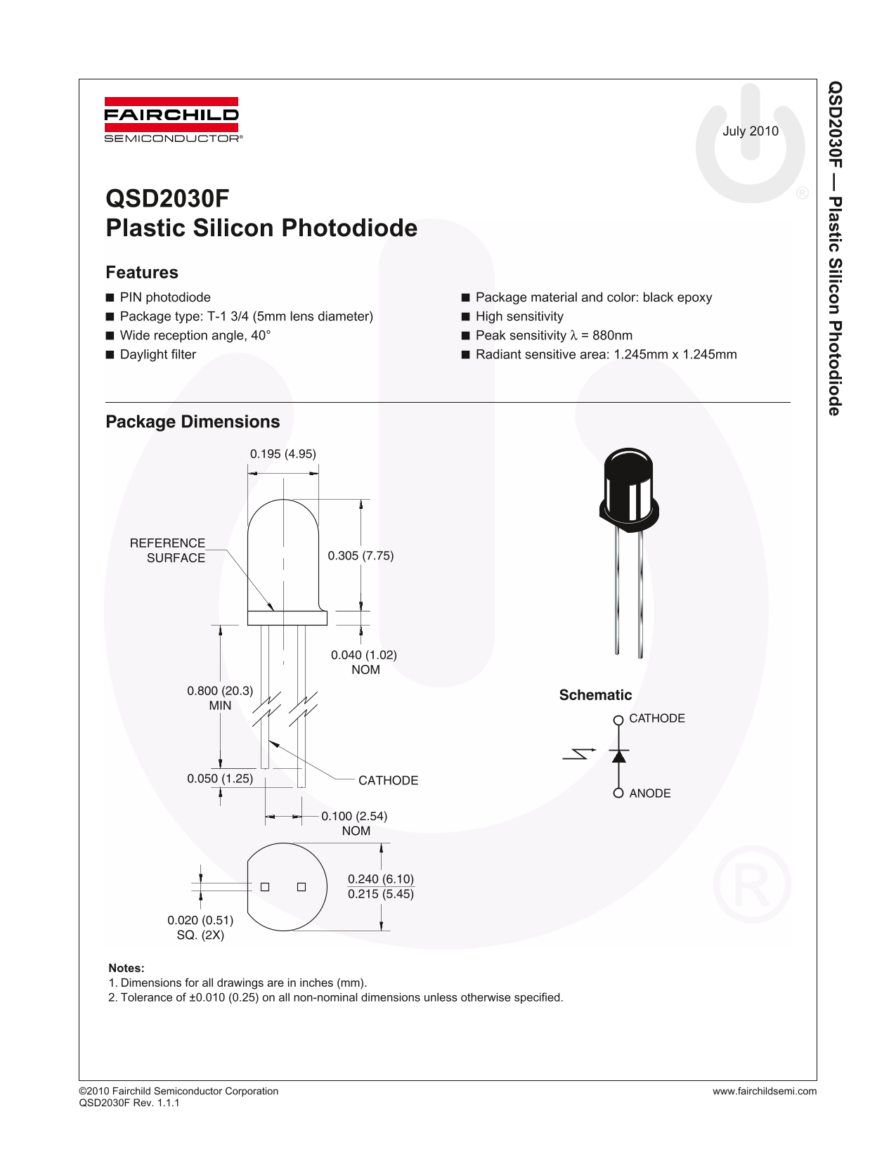 FAIRCHILD QSD2030F Silicon Photodiode Data Sheet - Page 1