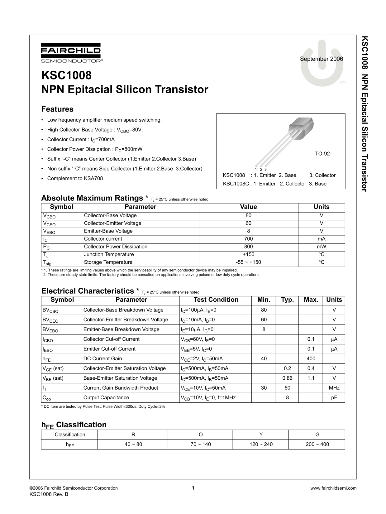 Fairchild KSC1008 NPN Epitaxial Silicon Transistor Data Handbook - Page 1