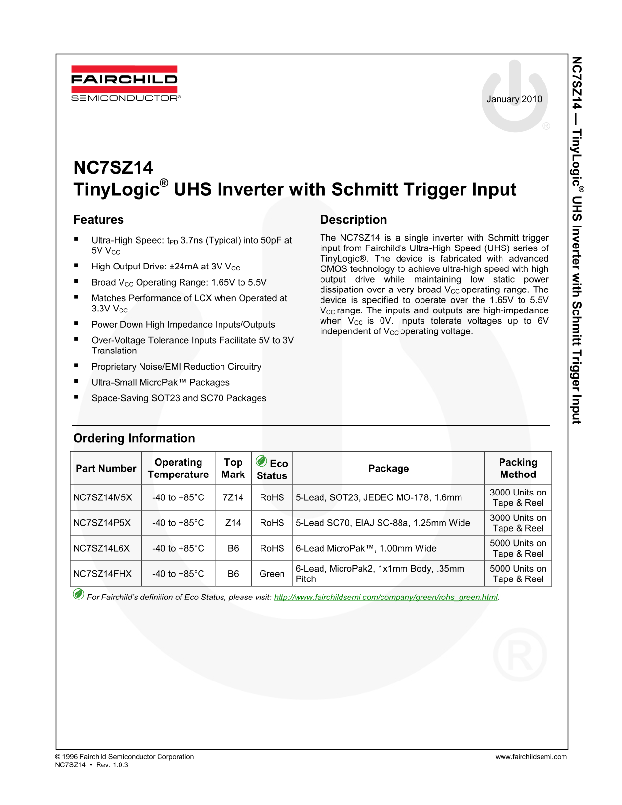 Fairchild NC7SZ14 TinyLogic UHS Inverter with Schmitt Trigger Input Data Handbook - Page 1
