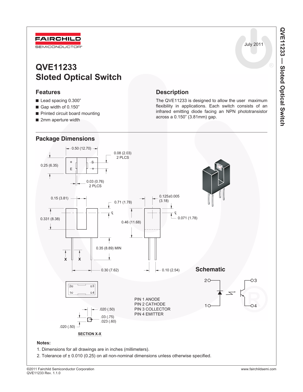 Fairchild QVE11233 Slotted Optical Switch Data Handbook - Page 1