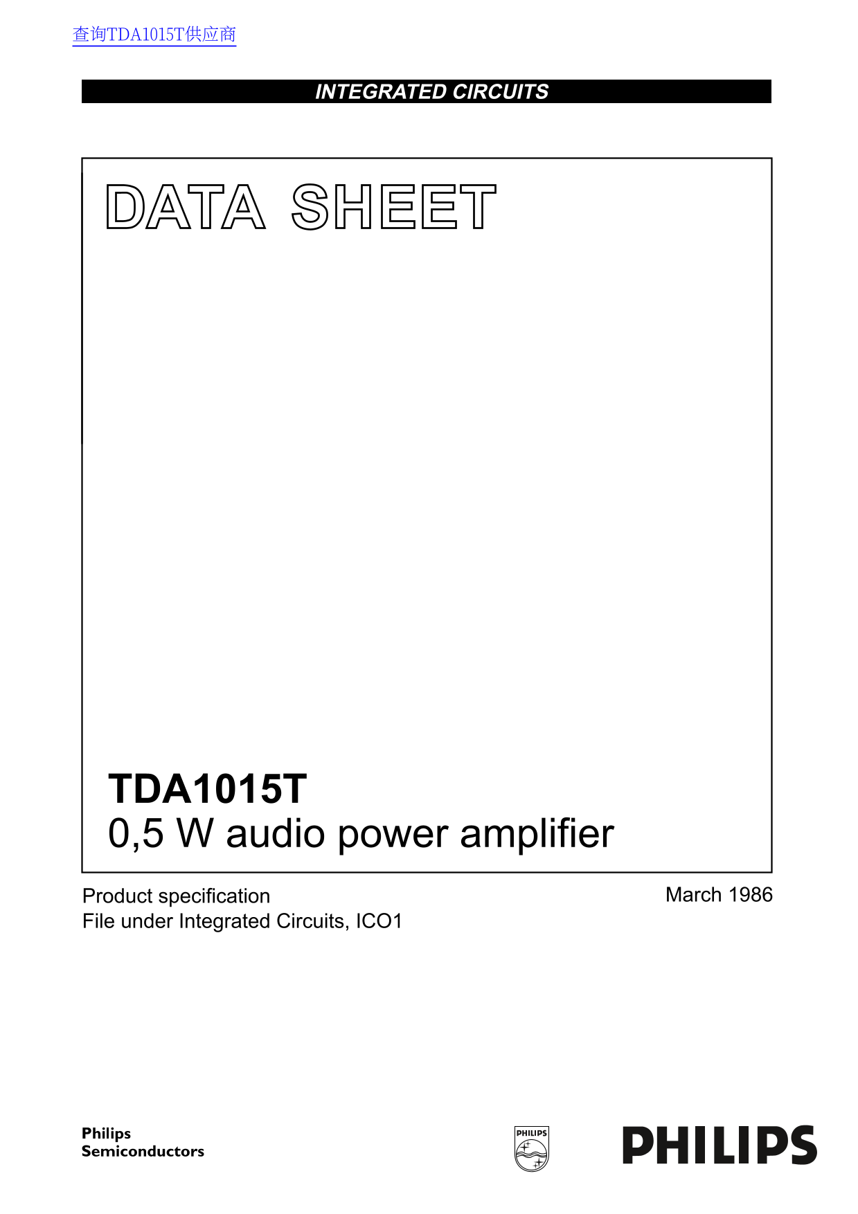 PHILIPS TDA1015T 0,5 W Audio Power Amplifier Data Sheet - Page 1