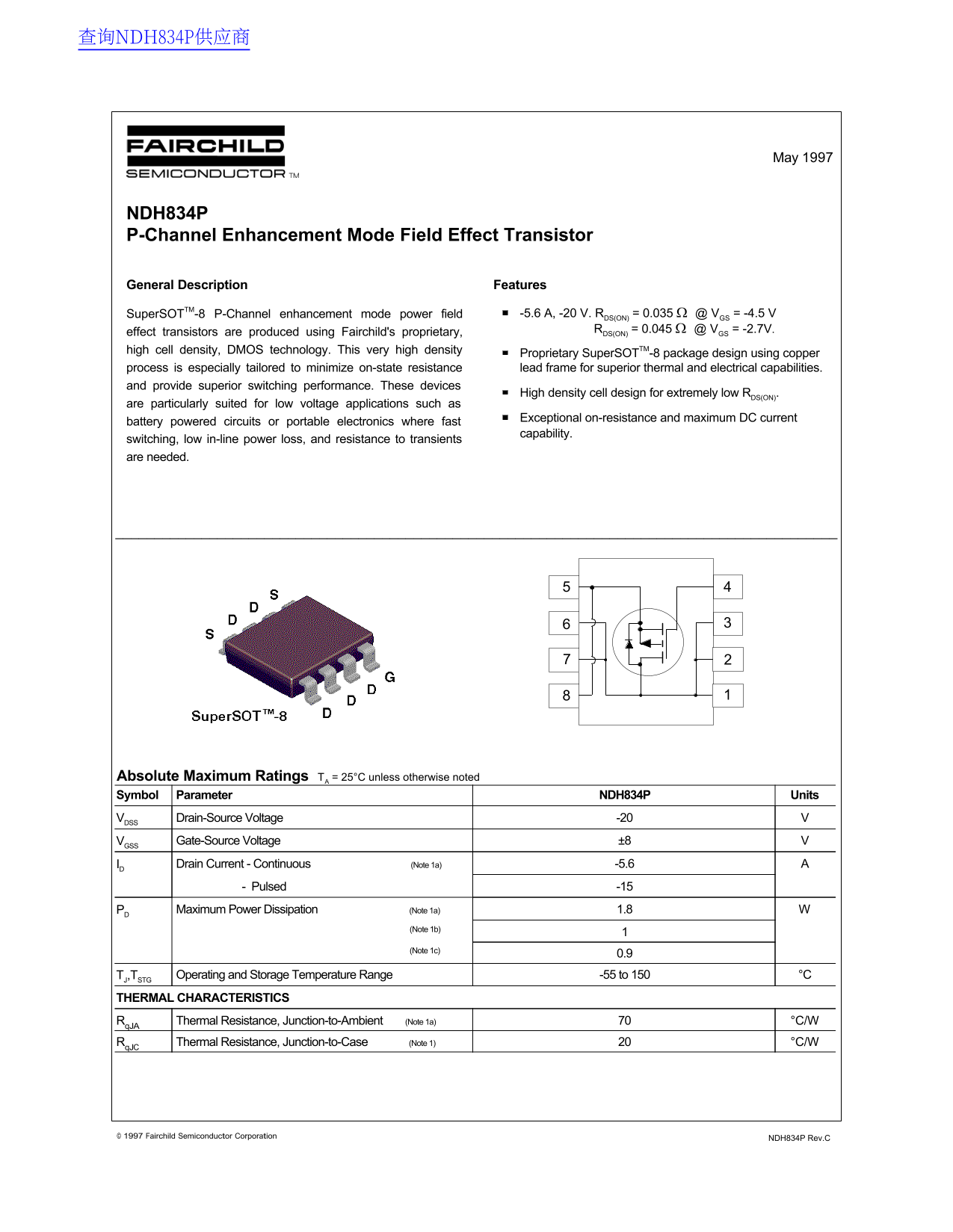 Fairchild NDH834P P-Channel Enhancement Mode Field Effect Transistor Data Handbook - Page 1