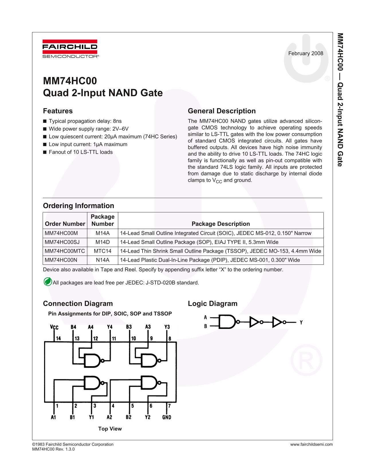 Fairchild MM74HC00 Quad 2-Input NAND Gate Data Sheet - Page 1