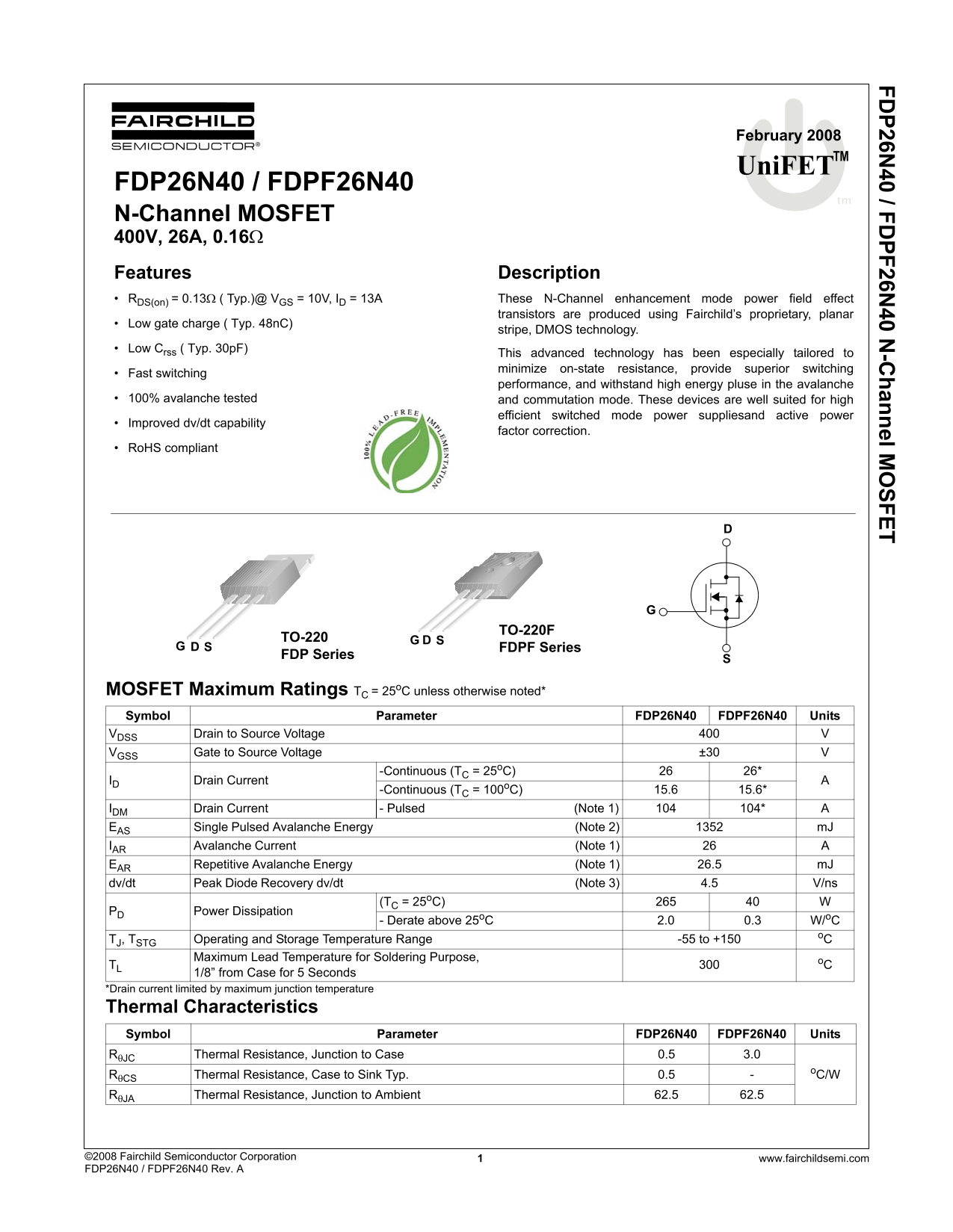 Fairchild FDP26N40 FDPF26N40 N-Channel MOSFET User Manual/Specifications - Page 1