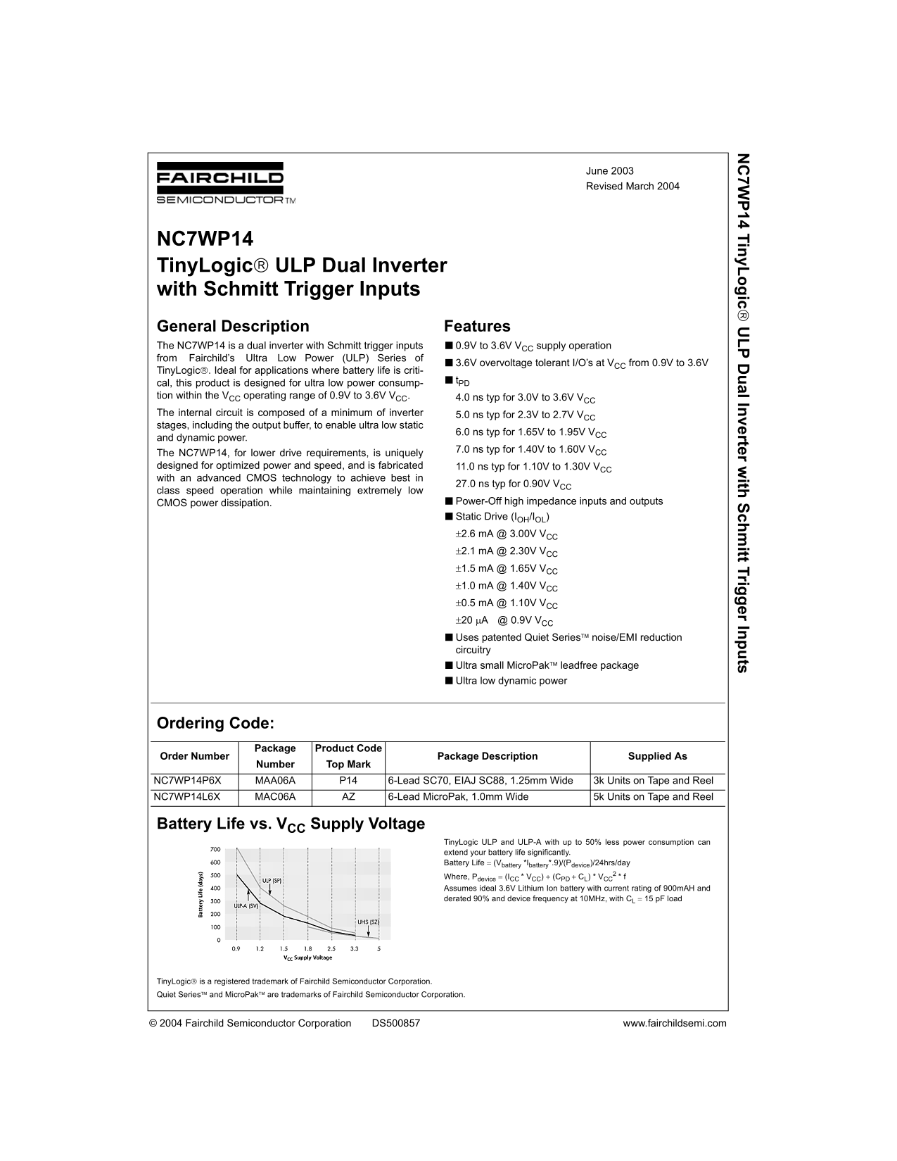 Fairchild NC7WP14 TinyLogic ULP Dual Inverter with Schmitt Trigger Inputs Data Sheet - Page 1