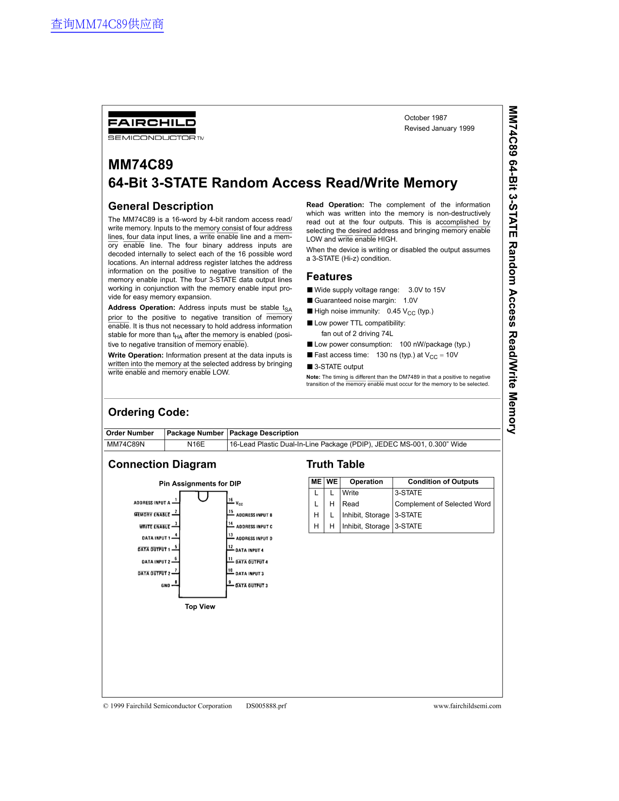 Fairchild MM74C89 Data Handbook - Page 1