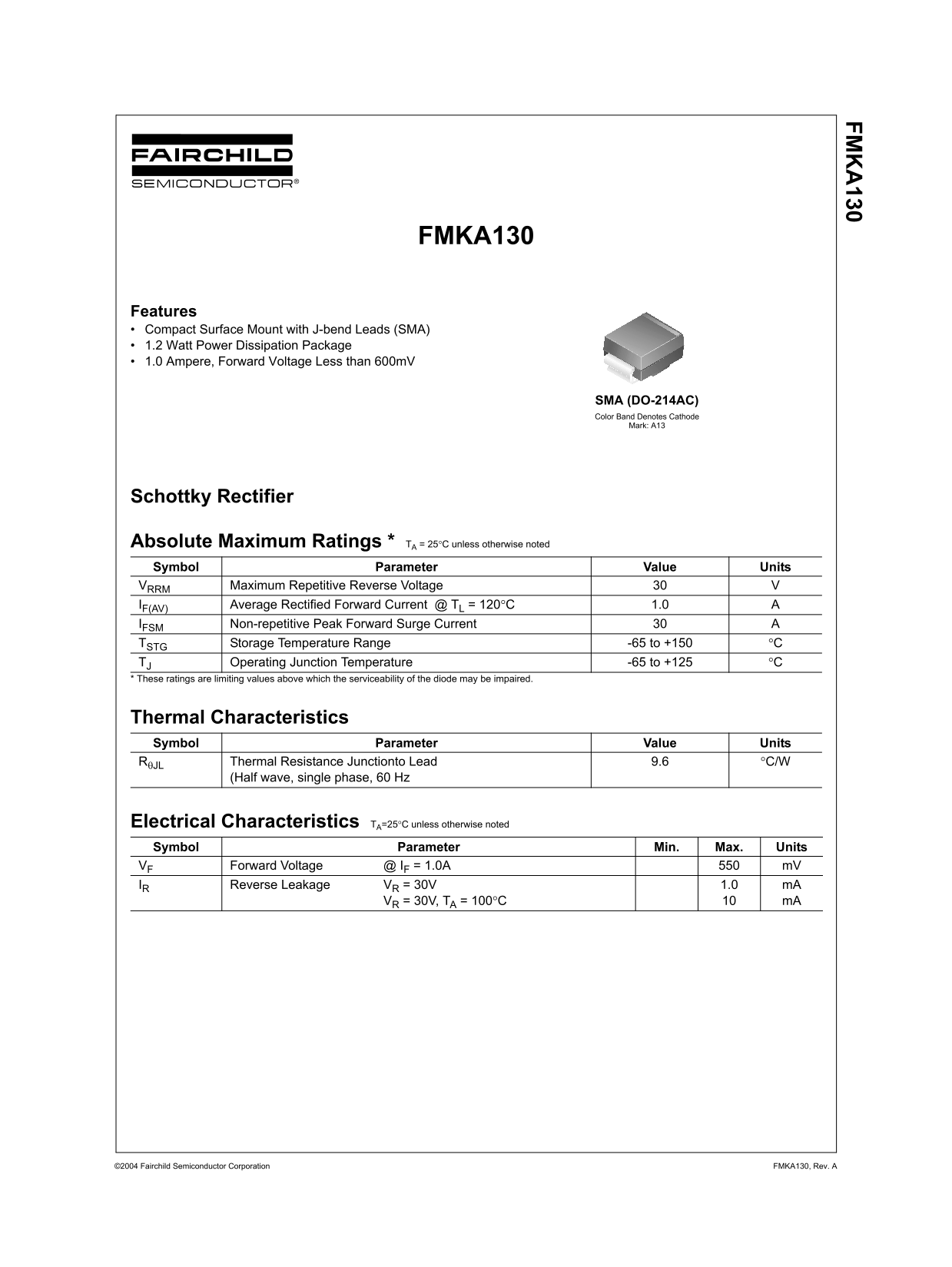 FMK FAIRCHILD FMKA130 Schottky Rectifier Data Handbook - Page 1