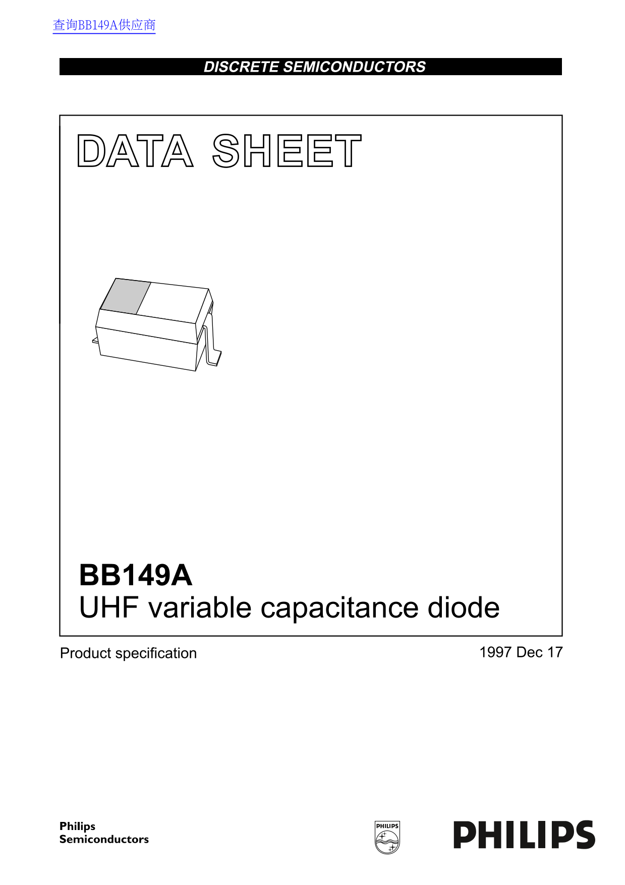 Philips BB149A UHF Variable Capacitance Diode Data Sheet - Page 1